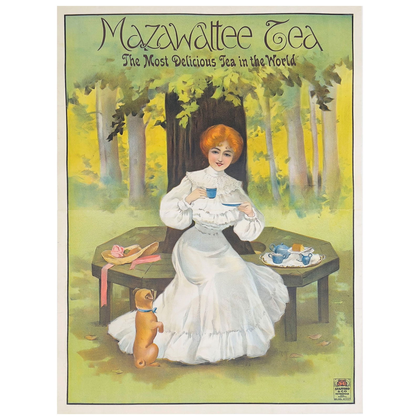 Mazawattee Tea: Lot 5 Mazawattee Tea (circa 1920) linen backed lithograph English herbal tea company lithograph advertisement, linen backed. Printed by Stafford & Co., Netherfield 43 1/2 x 33 3/8 inches unframed Pro