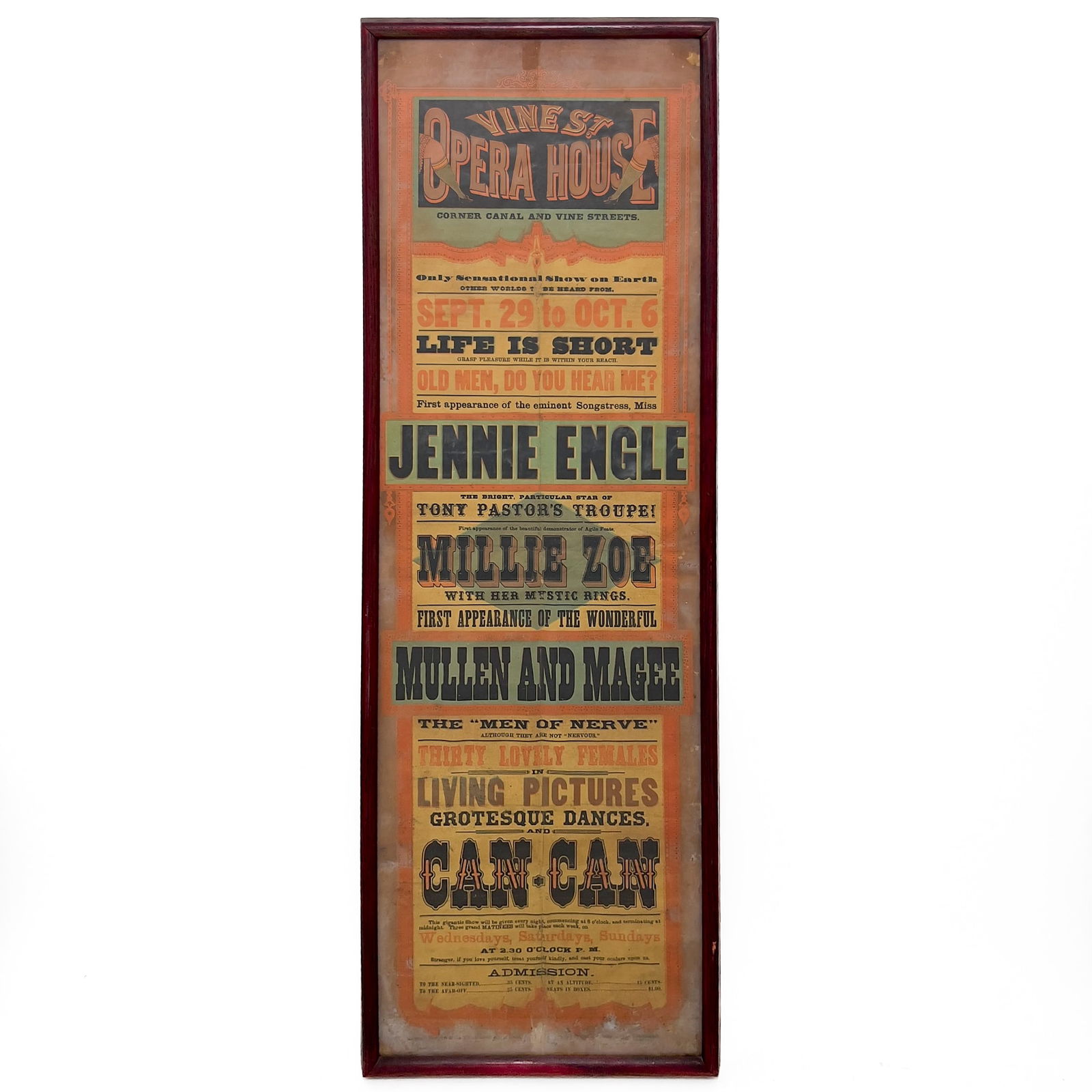 Cincinnatti Burlesque Hall Broadsheet (Can Can): Lot 8 Cincinnatti Burlesque Hall Broadsheet (Can Can) (late 19th Century) chromolithograph Russell, Morgan and Company Mammoth Show Card, advertising poster for Vine Street Opera House burlesque hal