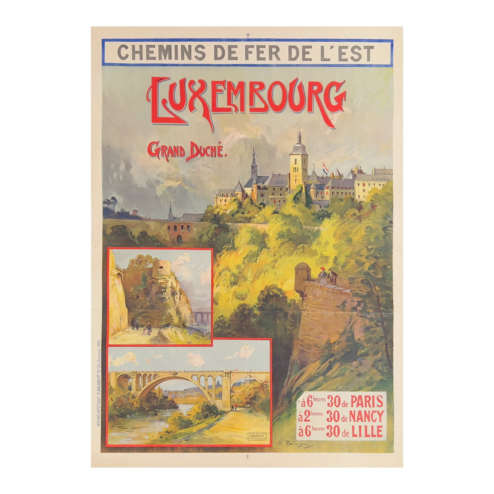 Eugène Bourgeois - Chemin de Fer de L'est Luxembourg: Lot 17 Eugène Bourgeois French (1855-1909) Chemin de Fer de L'est Luxembourg linen backed lithograph Travel poster advertising train travel to Luxembourg featuring scenic views of the country by
