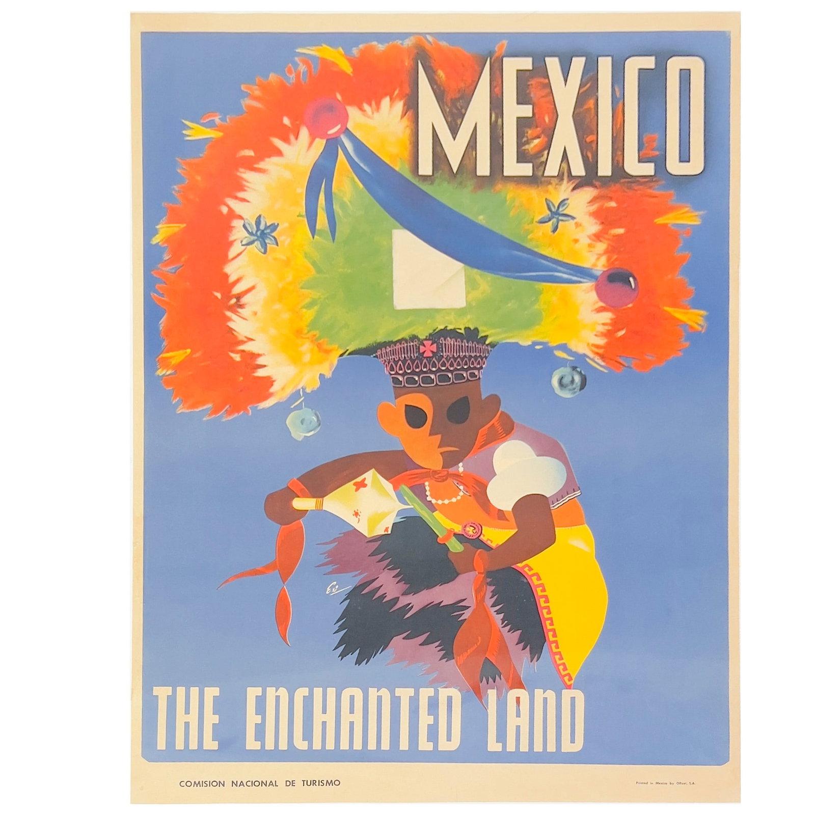 Mexico - The Enchanted Land: Lot 18 Mexico - The Enchanted Land (circa 1950s) linen backed lithograph Mexican travel poster for the Comision Nacional de Turismo. Featuring a depiction of a dancer in traditional attire. Printed