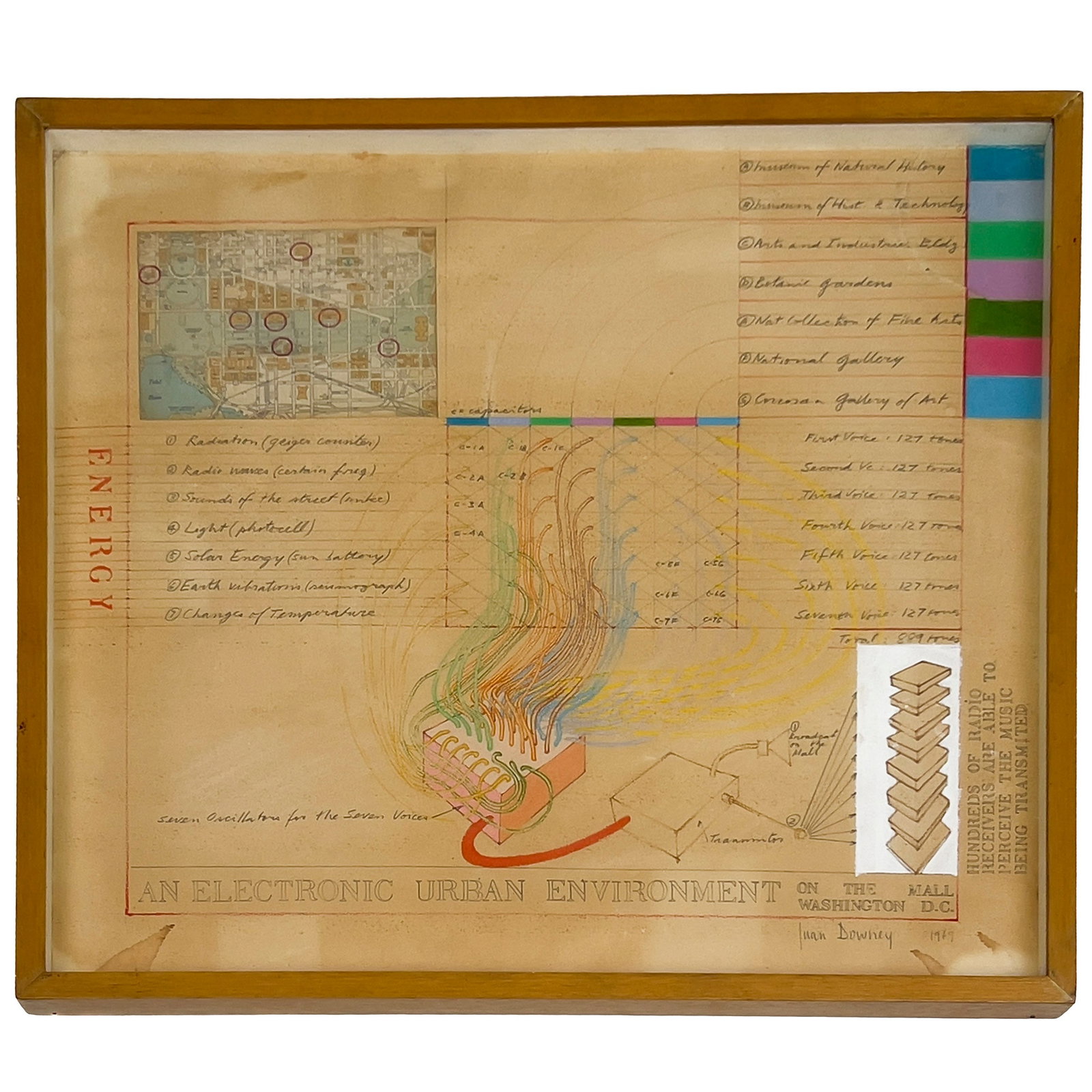 Juan Downey - Electronic Urban Environment: Lot 37 Juan Downey Chilean (1949-1993) Electronic Urban Environment (1979) graphite, color pencil, collage on paper signed lower right 21 1/2 x 23 5/8 inches wood frame with glazing, dimensions: 23 x