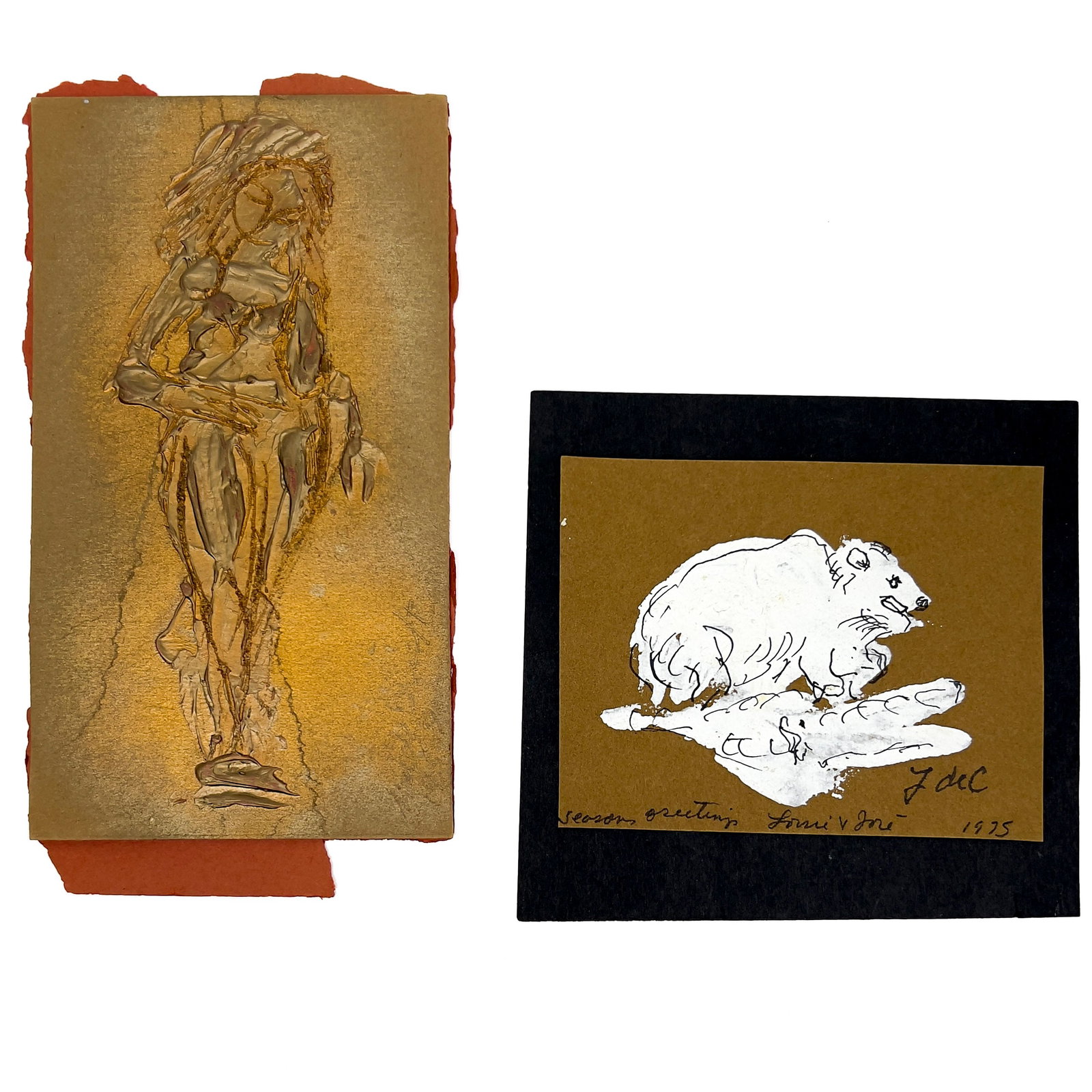 Jose De Creeft - Two Works on Paper: Lot 45 Jose De Creeft Spanish/American (1884-1982) Two Works on Paper (1969 and 1975) mixed media on paper Two drawings on paper season's greeting cards from Jose De Creeft and Lorrie Goulet each