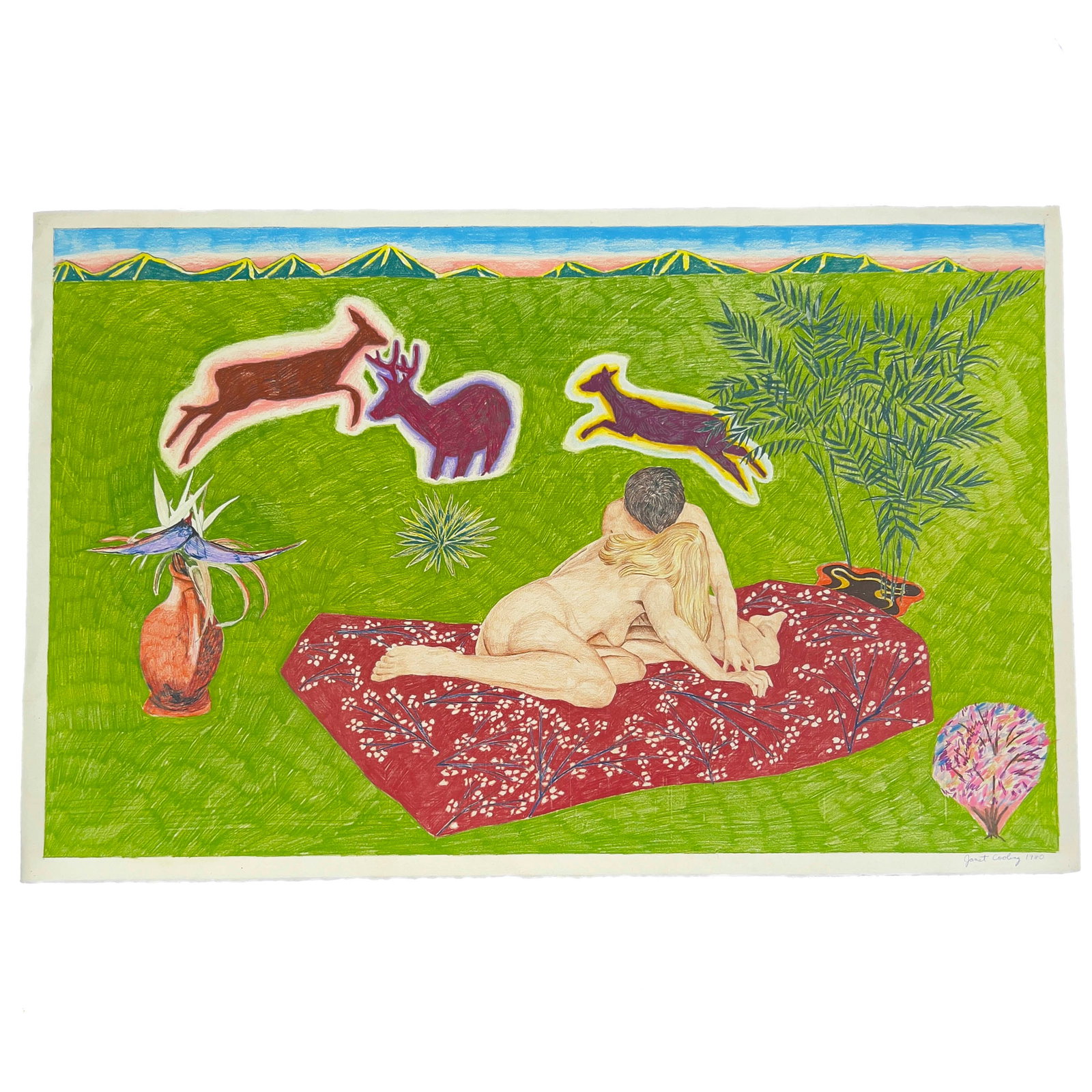 Janet Cooling - Untitled (Lovers Picnic with Deer): Lot 73 Janet Cooling American (1951-2022) Untitled (Lovers Picnic with Deer) (1980) colored pencil on paper signed and dated lower right sheet: 25 3/4 x 40 inches unframed Provenance: From the