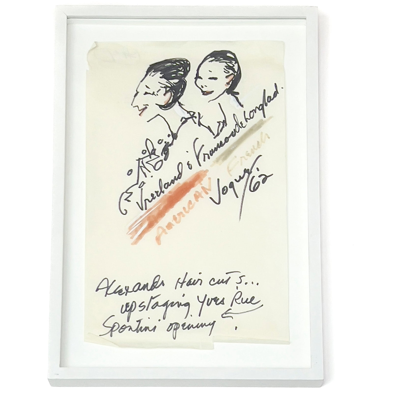 Joe Eula - Diana Vreeland and Françoise de Langlade arriving to a show with Alexandre Haircuts: Lot 91 Joe Eula American (1925-2004) Diana Vreeland and Françoise de Langlade arriving to a show with Alexandre Haircuts (1962) ink and watercolor on paper Sketch of Diane Vreeland and Francoise