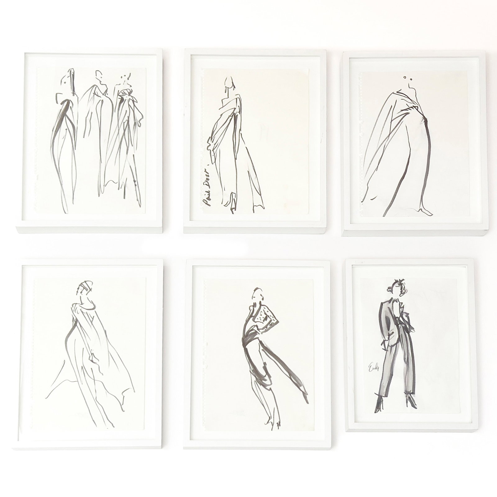 Joe Eula - Six Black and White Drawings from Yves Saint Laurent's Final Couture Show: Lot 104 Joe Eula American (1925-2004) Six Black and White Drawings from Yves Saint Laurent's Final Couture Show ink and watercolor on paper largest: 11 3/4 x 8 7/8 inches each in wood frame with acryl