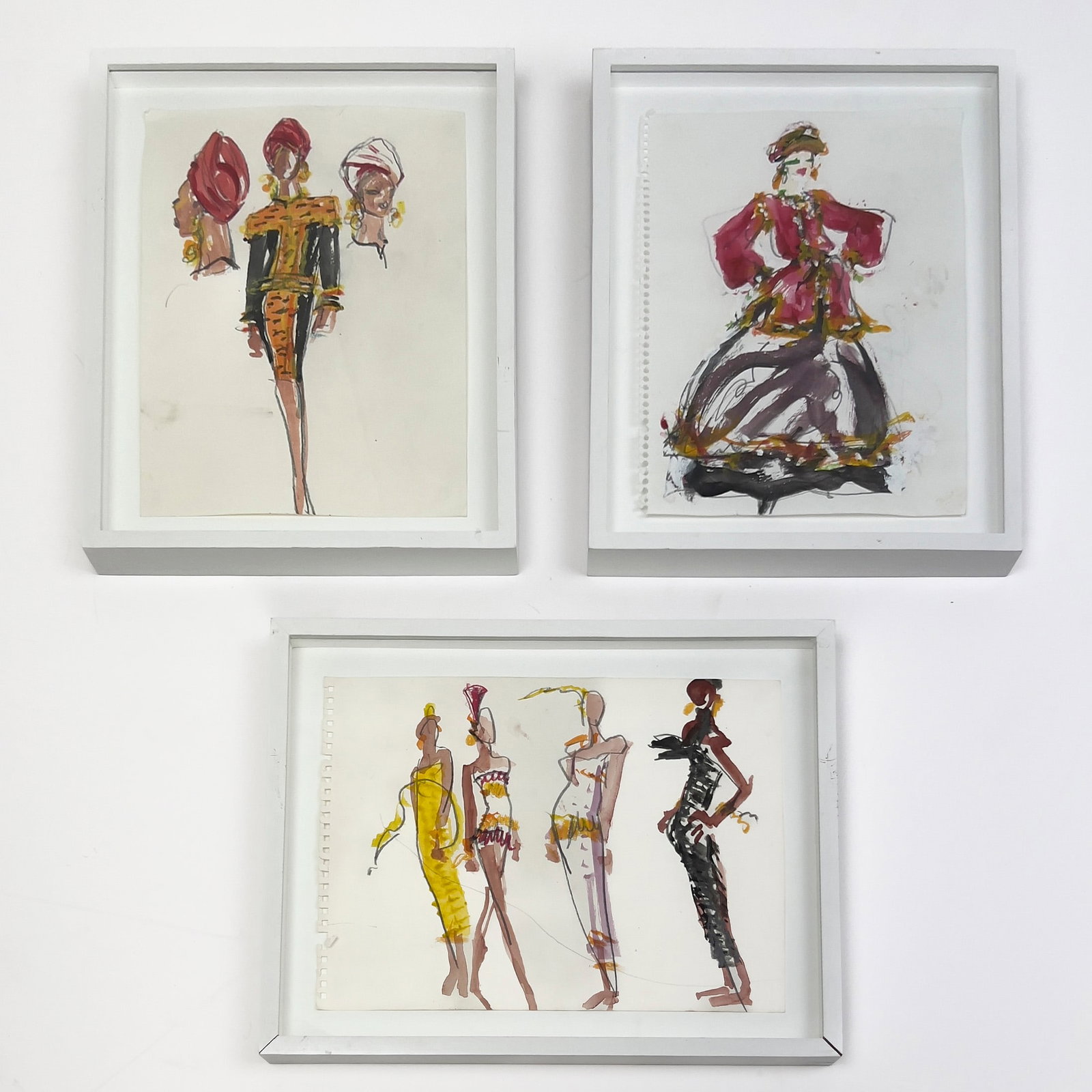 Joe Eula - Three Drawings, Including Designs from Yves Saint Laurent's Final Couture Show: Lot 112 Joe Eula American (1925-2004) Three Drawings, Including Designs from Yves Saint Laurent's Final Couture Show graphite ink and watercolor on paper Largest: 9 1/4 x 12 1/2 inches each in a wood