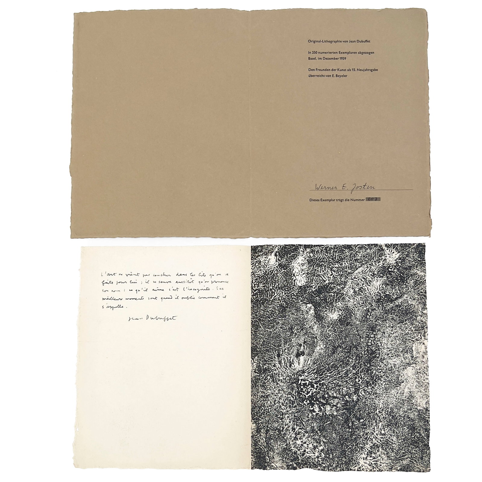 Jean Dubuffet - Untitled: Lot 181 Jean Dubuffet French (1901-1985) Untitled (1959) lithograph numbered 207/350 7 1/2 x 5 1/2 inches unframed Additional Information: Published by Ernst Beyeler for Den Freunden der Kunst als 15