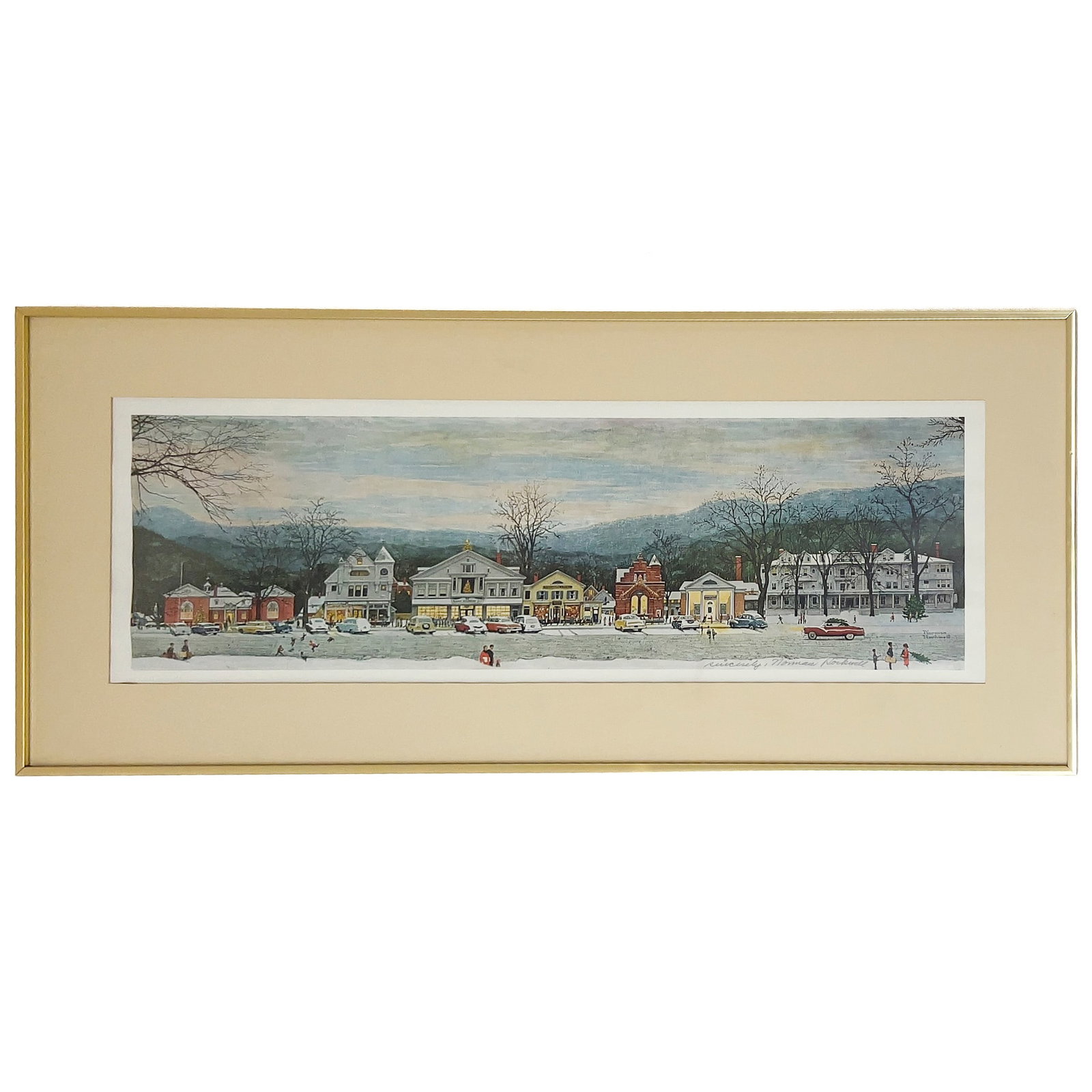 Norman Rockwell - Stockbridge Main Street at Christmas: Lot 226 Norman Rockwell American (1894-1978) Stockbridge Main Street at Christmas lithograph signed lower right sight: 10 x 30 inches gold metal frame with glazing, dimensions: 16 1/4 x 36 1/4 x 3/4