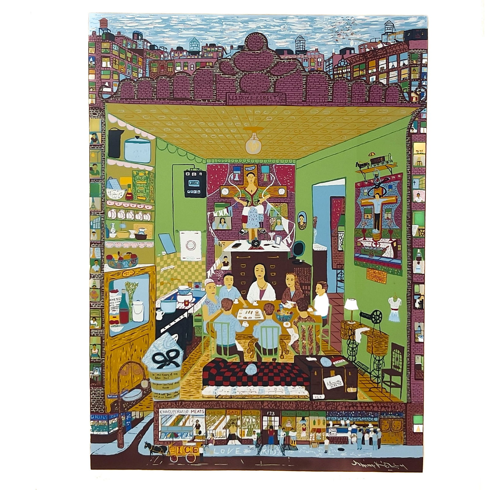 Ralph Fasanella - Family Supper: Lot 233 Ralph Fasanella American (1914-1997) Family Supper silkscreen signed and numbered 164/250 sight: 36 x 26 inches metal frame with glazing, dimensions: 44 1/8 x 33 1/8 x 1 3/8 inches 