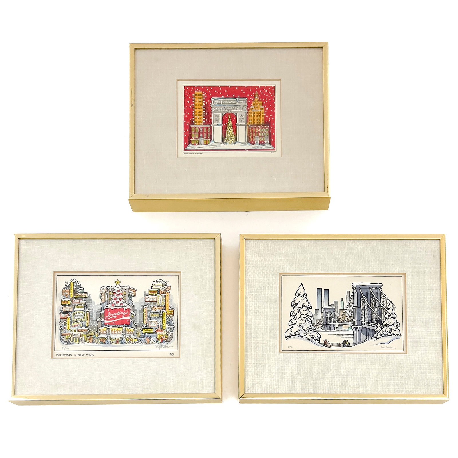 Tony Graham - Christmas in New York (Group of 3): Lot 250 Tony Graham American (1932-1992) Christmas in New York (Group of 3) (1976, 1981) hand colored silk screen each signed and numbered sight (largest): 4 3/4 x 6 3/4 inches each in a gold metal fr