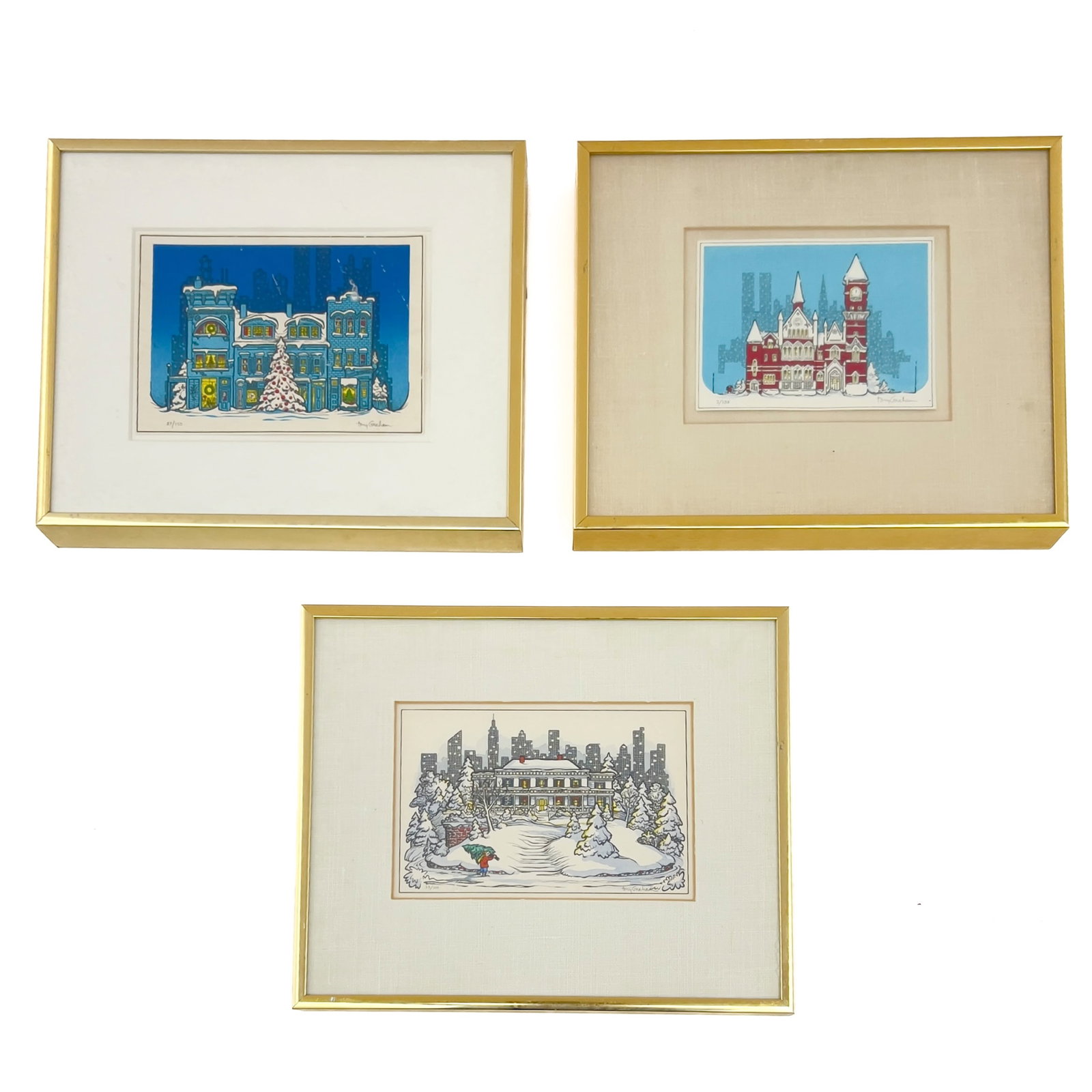 Tony Graham - Christmas in New York (Group of 3): Lot 251 Tony Graham American (1932-1992) Christmas in New York (Group of 3) hand colored silk screen each signed and numbered largest: 4 3/4 x 6 5/8 inches each in a gold metal frame with glazing, dim