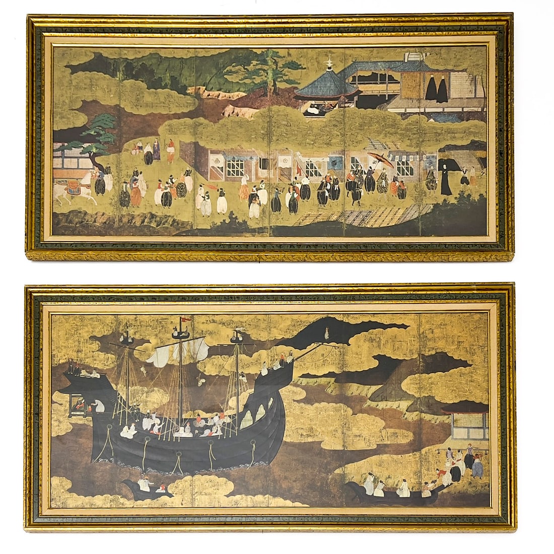 Two Panel Screenprint, Portuguese Ship Entering Nagasaki Harbor: Lot 268 Two Panel Screenprint, Portuguese Ship Entering Nagasaki Harbor (20th century) screenprint Screenprint after an early 17th century painted screen depicting a Portuguese ship entering Nagasaki
