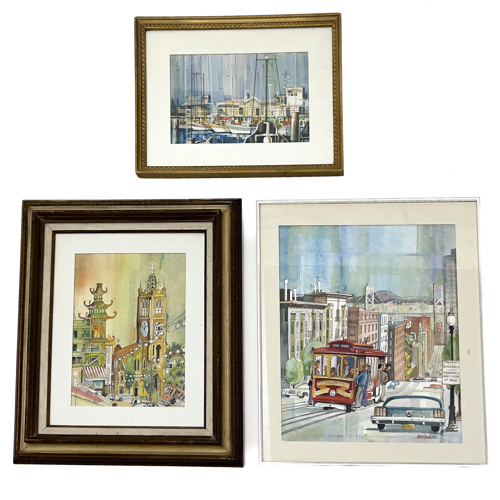 Augie Napoli - San Francisco Scenes, Group of 3: Lot 286 Augie Napoli American (1935-1994) San Francisco Scenes, Group of 3 watercolor each signed sight (largest): 21 1/2 x 17 1/2 inches each framed with glazing, dimensions (largest): 26 3/4 x 23 x