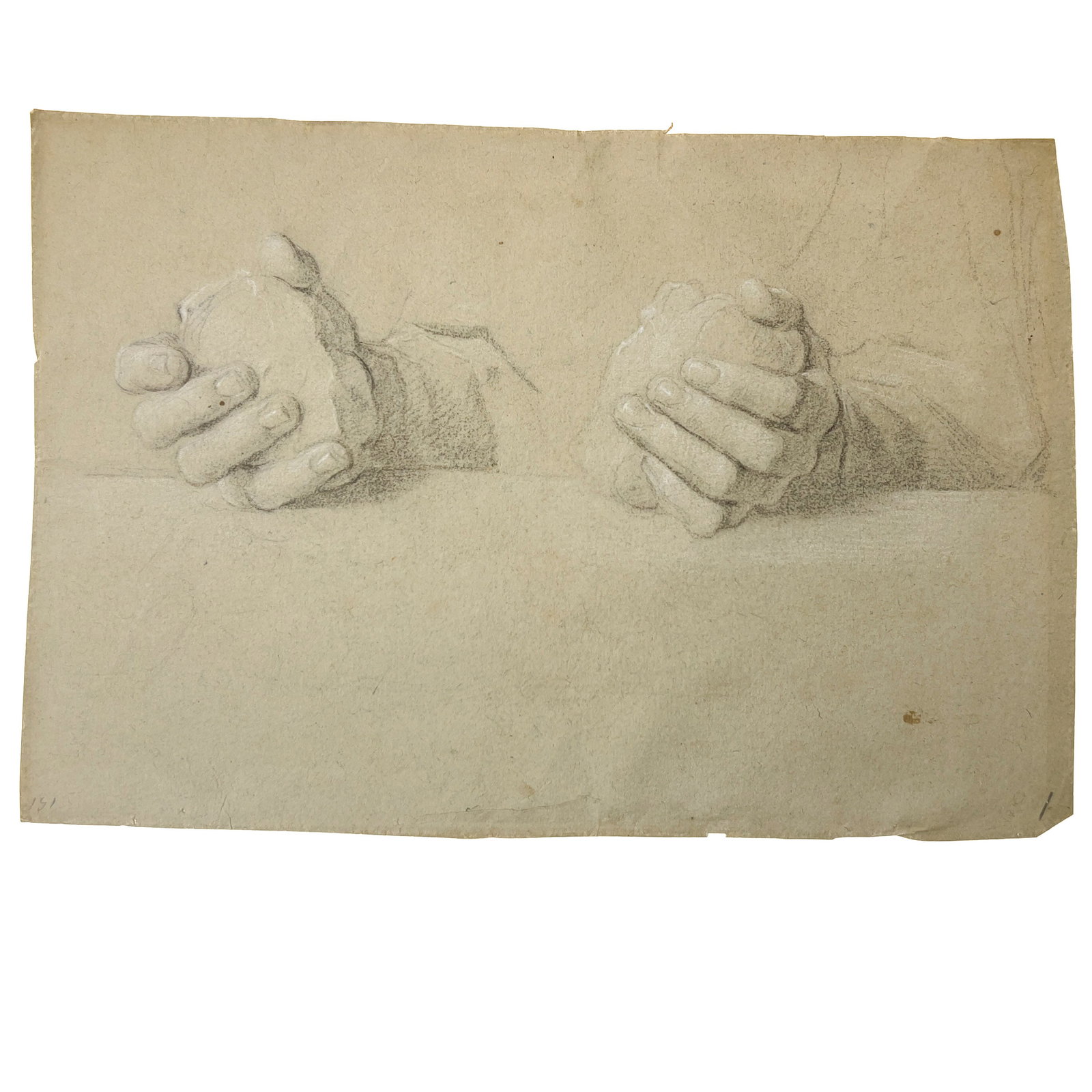 Artist Unknown - Untitled (Study of Hands): Lot 298 Artist Unknown (XIX/XX) Untitled (Study of Hands) charcoal and white chalk on paper sheet: 11 x 16 1/8 inches unframed, mat dimensions: 16 x 20 inches Provenance: The Eugene and Dorothy Prakap