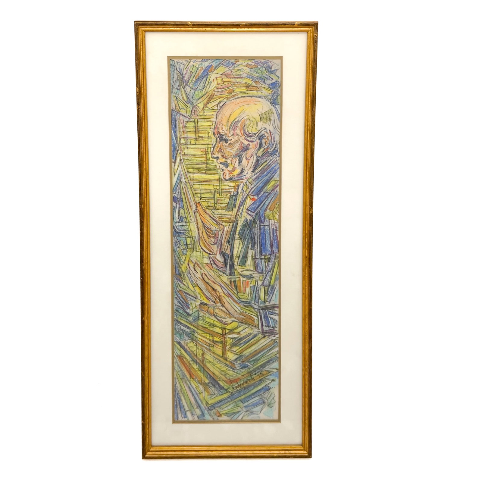 Unknown Artist - Untitled (Man with Books): Lot 304 Unknown Artist Untitled (Man with Books) (1975) pastel on paper signed indistinctly and dated lower right sight: 25 x 8 inches wood frame with glazing, dimensions: 30 x 12 1/2 x 3/5 inches Pro