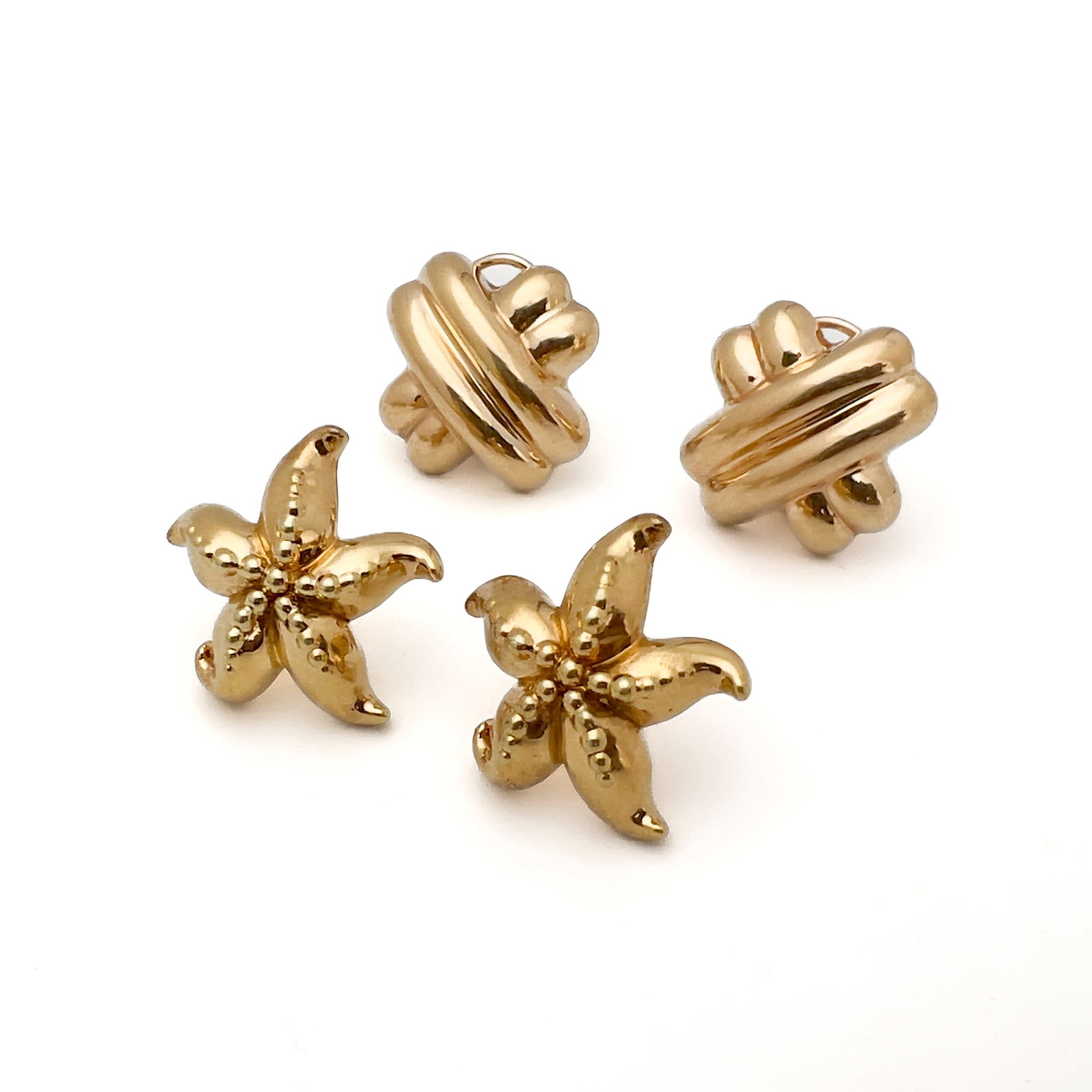 Yellow Gold Earrings, Two Pairs, Starfish and Knots (1 of 4)