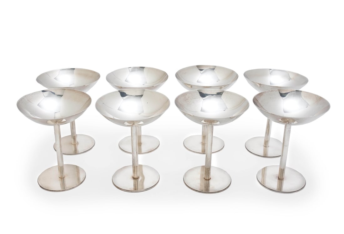 Gilles Beaugrand - Silver Champagne Coupe Stemware: Lot 156 Gilles Beaugrand Canadian Silversmithy (1940-2006) Silver Champagne Coupe Stemware Description: 8 sterling silver champagne coupes, seven by Gilles Beaugrand, one by Porter Blanchard for V.C.