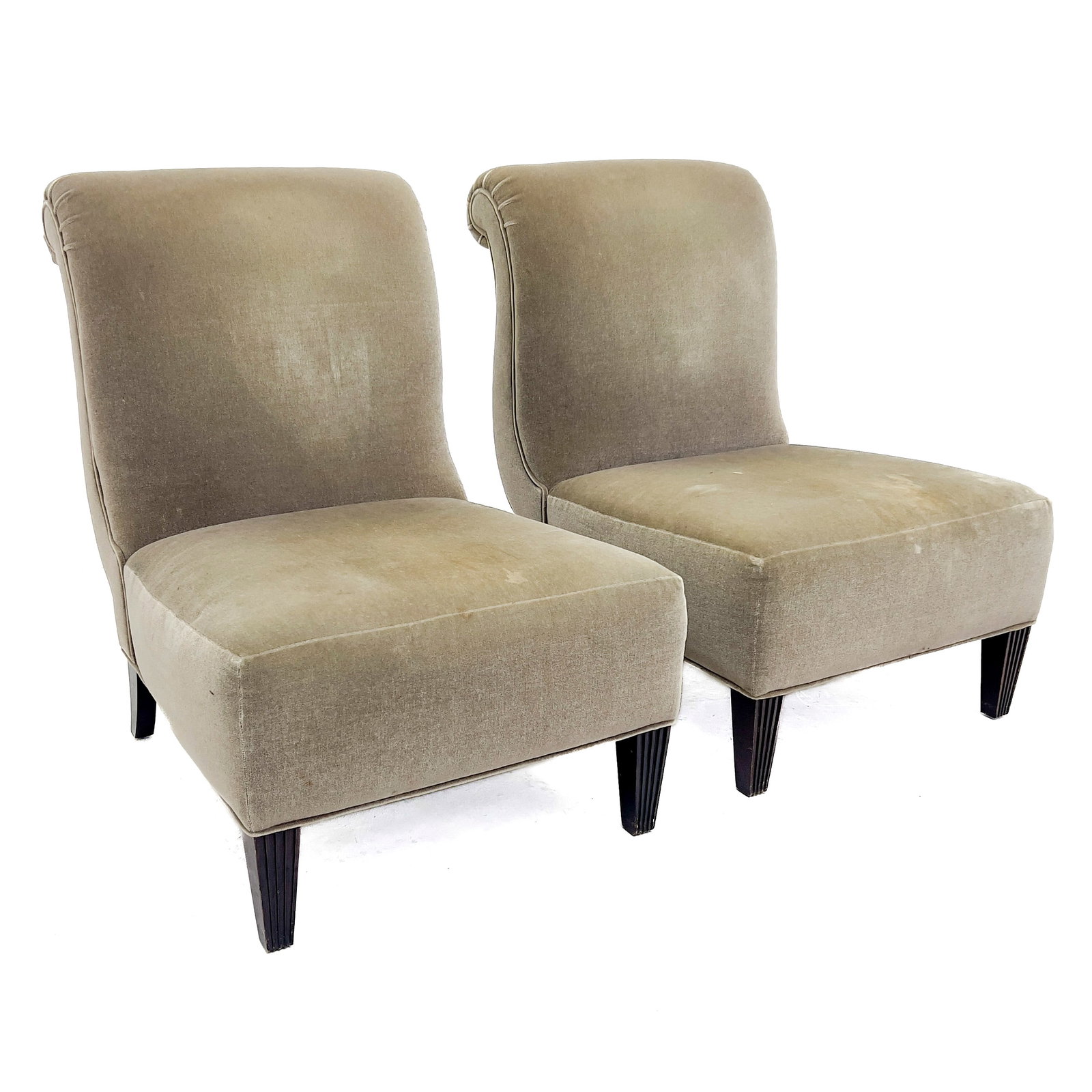A Pair of Art Deco Style Mohair Upholstered Slipper Chairs: Lot 26 A Pair of Art Deco Style Mohair Upholstered Slipper Chairs (20th Century) Mohair upholstery, mixed hardwoods. each: 36 x 36 x 25 1/2 inches Description: A pair of late 20th-century Art Deco sty