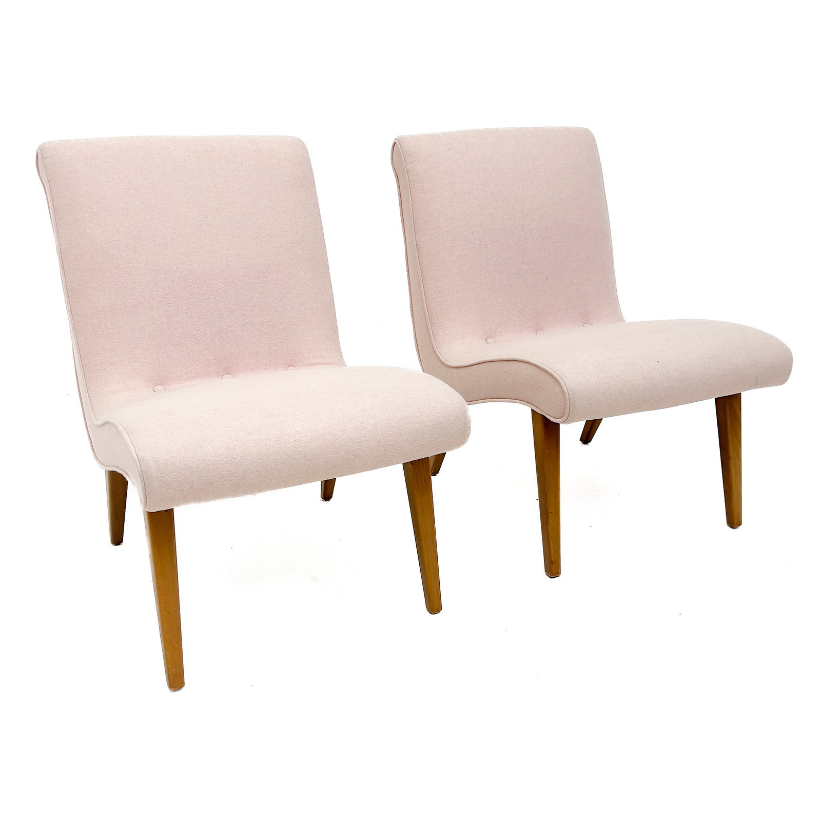 A Pair of Mid-Century Modern Style Pink Wool Lounge Chairs: Lot 28 A Pair of Mid-Century Modern Style Pink Wool Lounge Chairs (20th Century) Wool upholstery, mixed hardwoods, foam cushioning 30 1/2 x 30 x 20 1/2 inches Description: A pair of late 20th-century 