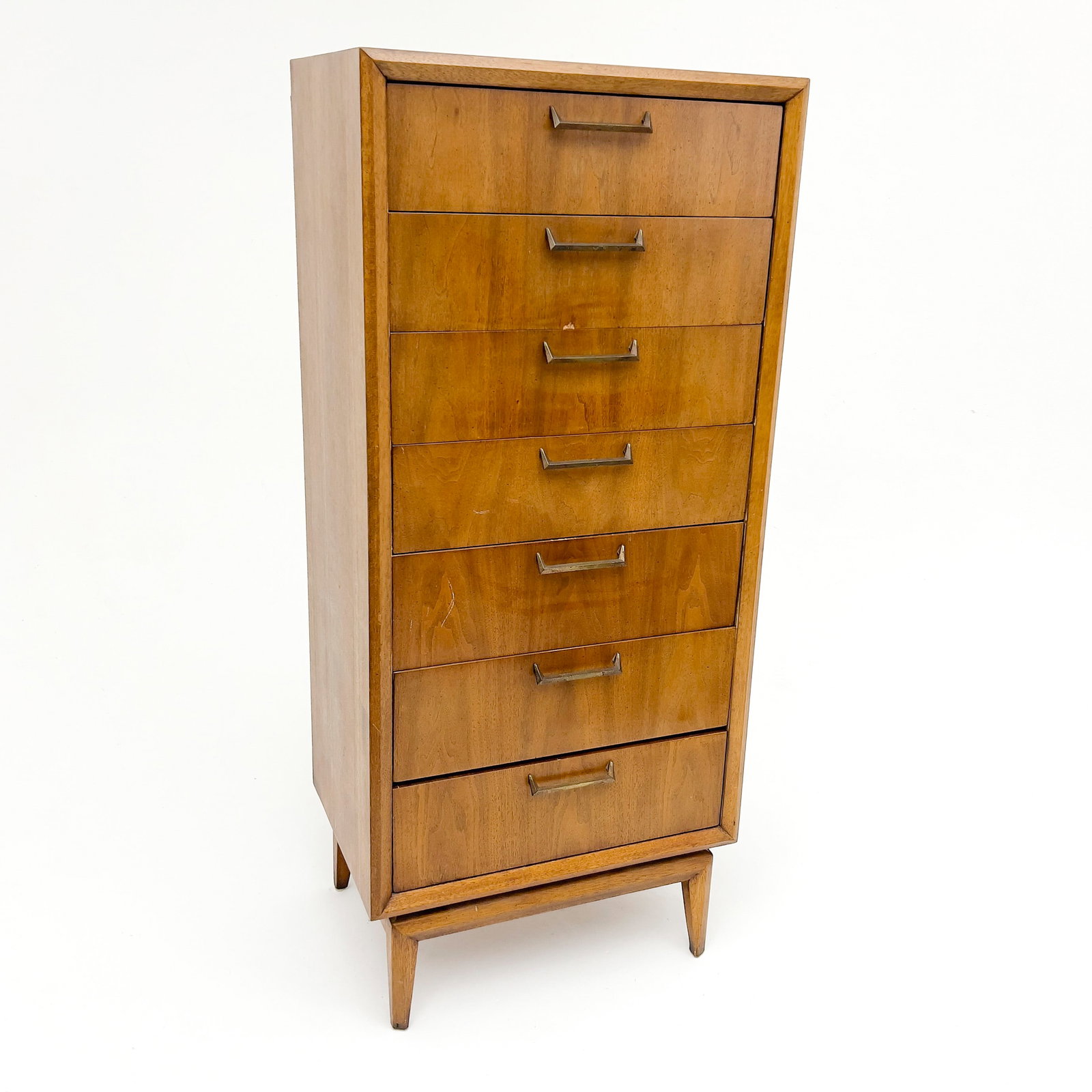 Mid-Century Modern Broyhill Premier Walnut Semanier: Lot 34 Mid-Century Modern Broyhill Premier Walnut Semanier (1967) Walnut, Wood, Brass 54 1/4'' x 24'' x 16 1/2'' inches Description: A mid-century modern walnut semanier chest produced by Broyhill Pre