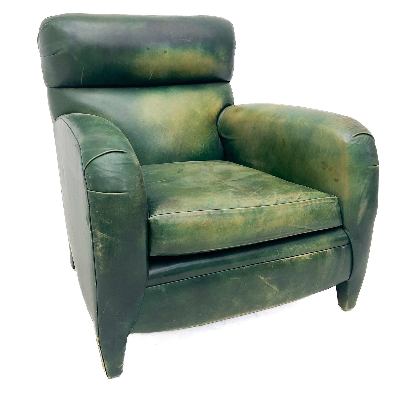 A Mid-Century Modern Green Leather Club Chair: Lot 39 A Mid-Century Modern Green Leather Club Chair (20th Century) Overdyed leather, hardwood interior framing, composite foam cushioning 38 x 38 x 31 inches Description: A mid-20th century club armc