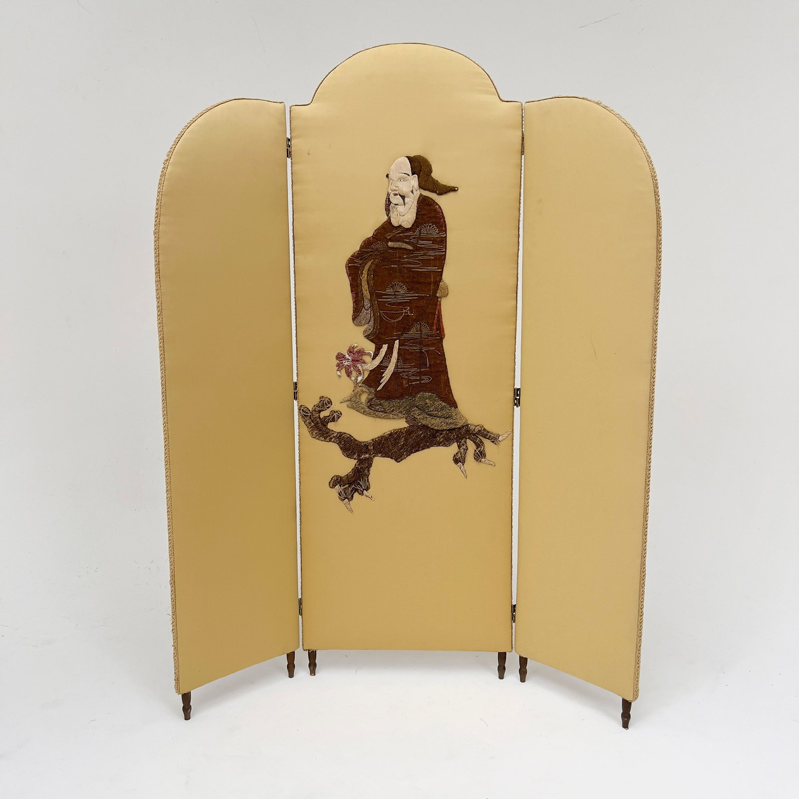 Italian Embroidered Screen: Lot 41 Italian Embroidered Screen (Mid 20th Century) wood, silk 69 x 49 1/2 inches Description: Three section screen, with embroidered Asian figure to center panel Provenance: From a Private Upper Eas