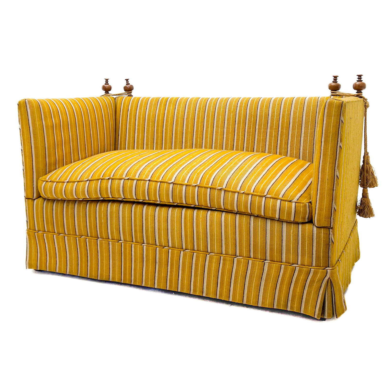 Yale R. Burge - Knole Drop Arm Settee: Lot 48 Yale R. Burge American Manufacturer and Importer (1947-2013) Knole Drop Arm Settee 35 3/4 x 52 1/4 x 29 inches seat height: 20 inches Description: Yale Burge adjustable sofa, walnut finials