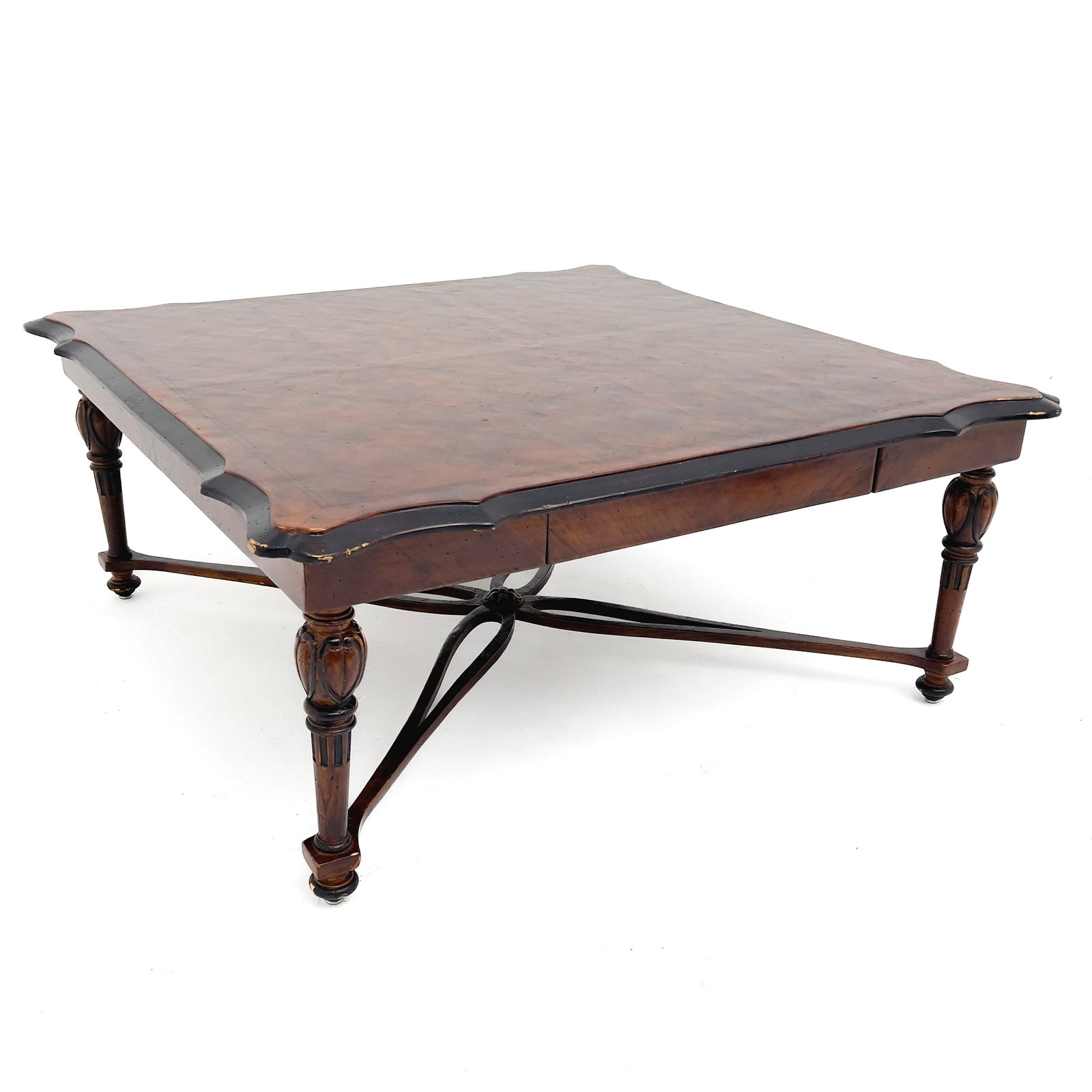 William & Mary Style Parquetry Top Cocktail Table: Lot 51 William & Mary Style Parquetry Top Cocktail Table 19 x 43 1/2 x 43 1/2 inches Description: An early 20th Century cocktail table, with a parquetry veneered top and scalloped edge, with one drawe