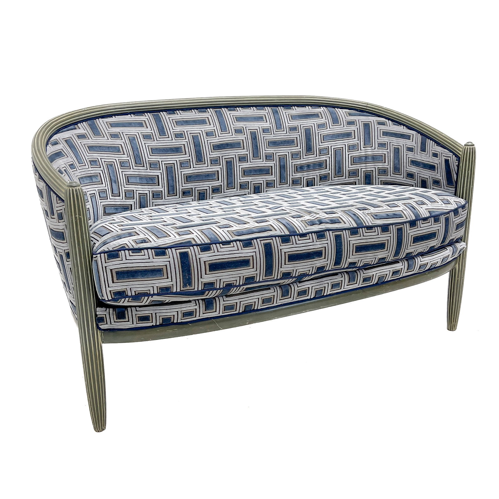 A Louis XVI Style Painted Wood Canapé with Secessionist Patterned Upholstery: Lot 55 A Louis XVI Style Painted Wood Canapé with Secessionist Patterned Upholstery (20th Century) Woven upholstery fabric, painted wood, foam core cushioning 29 x 49 x 26 inches Description: A