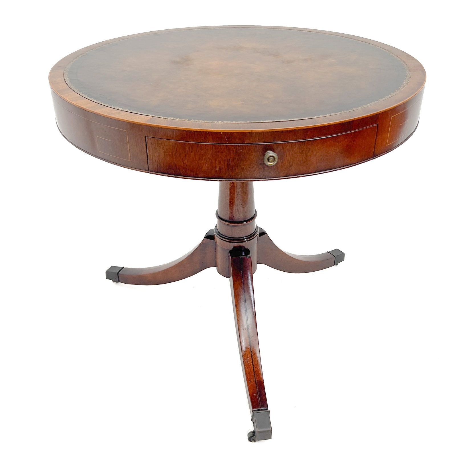 Duncan Phyfe Style Leather Top Drum Table: Lot 58 Duncan Phyfe Style Leather Top Drum Table (20th Century) Mahogany, inlay, leather, brass 27 1/2 x 30 inches Description: A Regency style mahogany drum table featuring a circular top with an ins