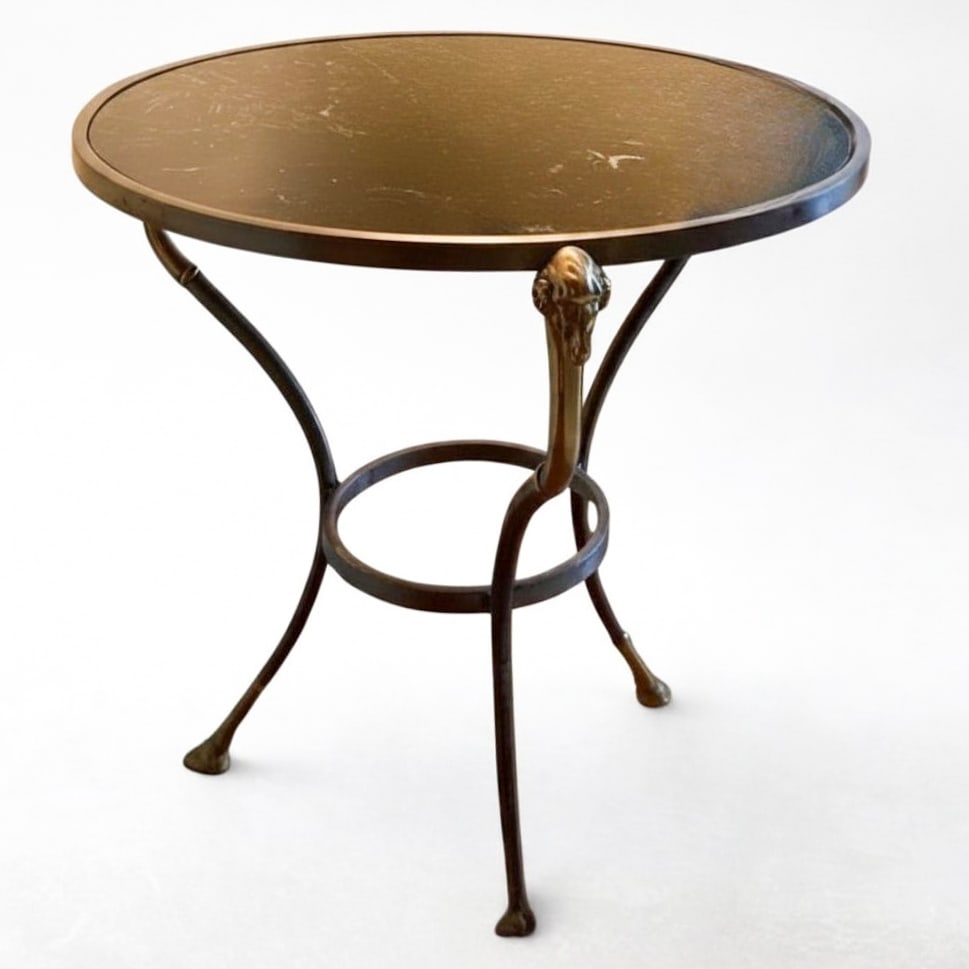 Contemporary Neoclassical-Style Bronze and Marble Side Table: Lot 59 Contemporary Neoclassical-Style Bronze and Marble Side Table (21st Century) brass, iron, marble 26 1/2 x 26 inches Description: A contemporary Neoclassical-style tripod side table of circular f