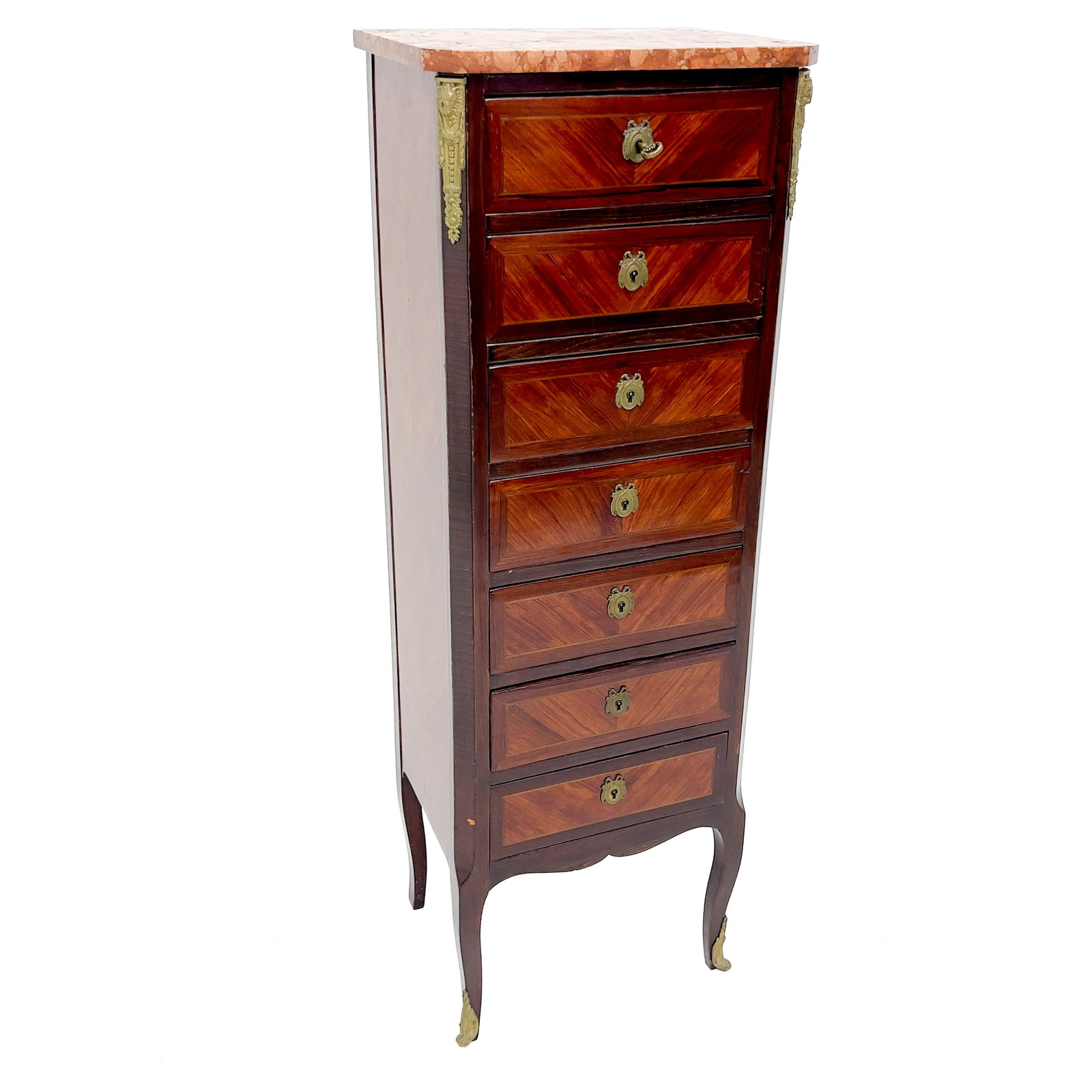 French Louis XVI Semainier: Lot 64 French Louis XVI Semainier (1st quarter-20th Century) fruitwood, bronze, marble 48 1/4 x 16 5/8 x 12 1/8 inches Description: A French Louis XV style semainier featuring a variegated rouge
