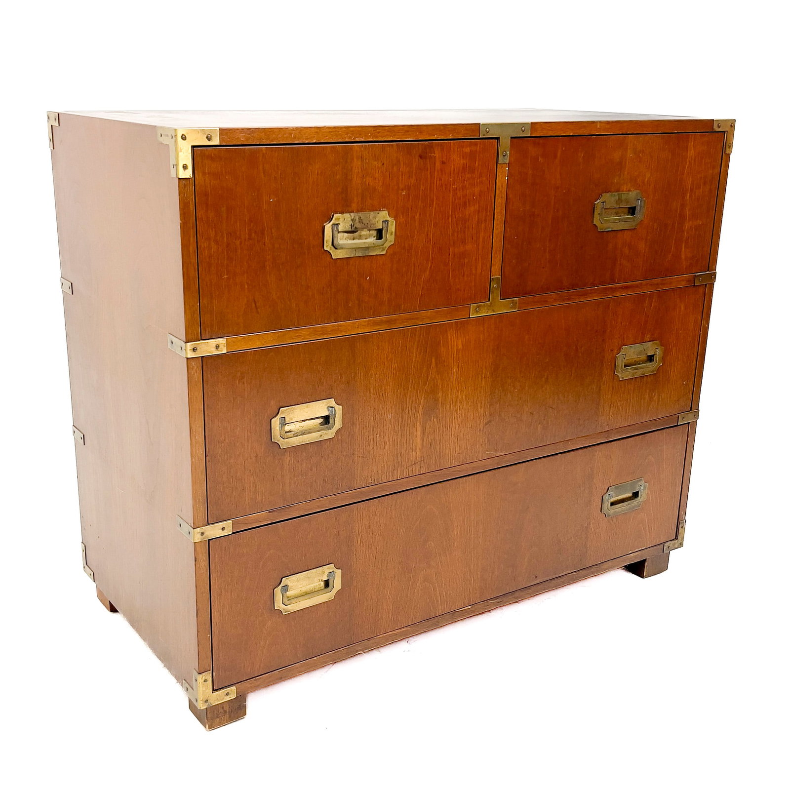 Baker Furniture - Campaign Style Chest: Lot 68 Baker Furniture American Manufacturer (Founded 1890) Campaign Style Chest (20th Century) walnut, brass 32 x 38 1/4 x 19 inches Description: A Baker Furniture Campaign style chest featuring a