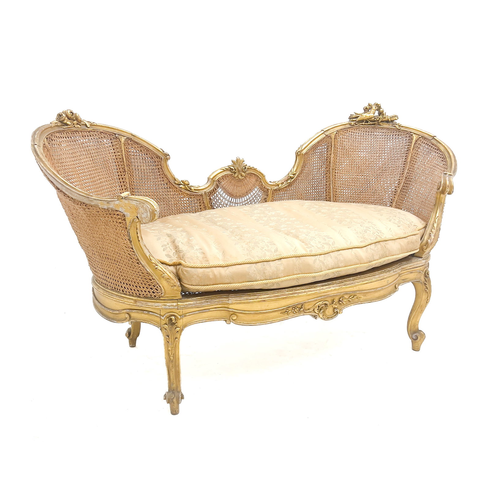 Antique French Louis XV Style Giltwood Caned Canape: Lot 89 Antique French Louis XV Style Giltwood Caned Canape (late 19th Century) 33 1/4 x 58 1/2 x 24 inches Description: A French Louis XV style giltwood marquise or small canape of serpentine form, th