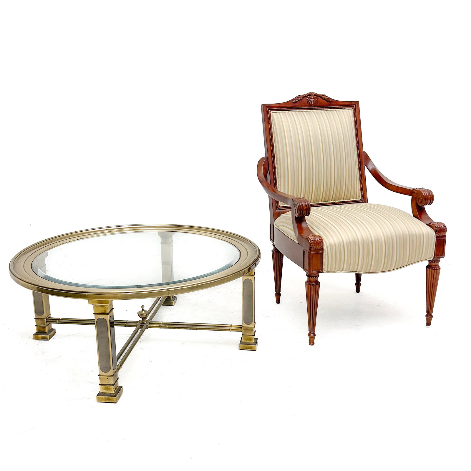 Neoclassical Style Open Armchair and Coffee Table: Lot 91 Neoclassical Style Open Armchair and Coffee Table (20th/21st Century) Hardwood, Brass, Glass, Fabric, Metal Chair: 41 1/4 x 27 1/2 x 26 inches Table: 17 3/4 x 36 1/4 x 36 1/4 inches Description