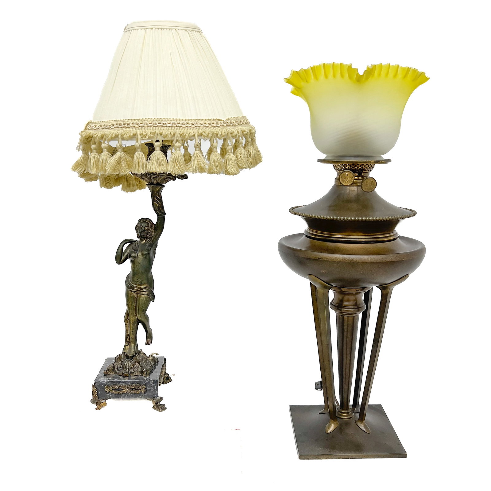 Art Nouveau Metal Table Lamps (2): Lot 95 Art Nouveau Metal Table Lamps (2) B&H lamp: 24 x 9x 9 inches Description: A two-piece Art Nouveau lighting group comprising a figural bronze-patinated white metal table lamp on a marble base wi