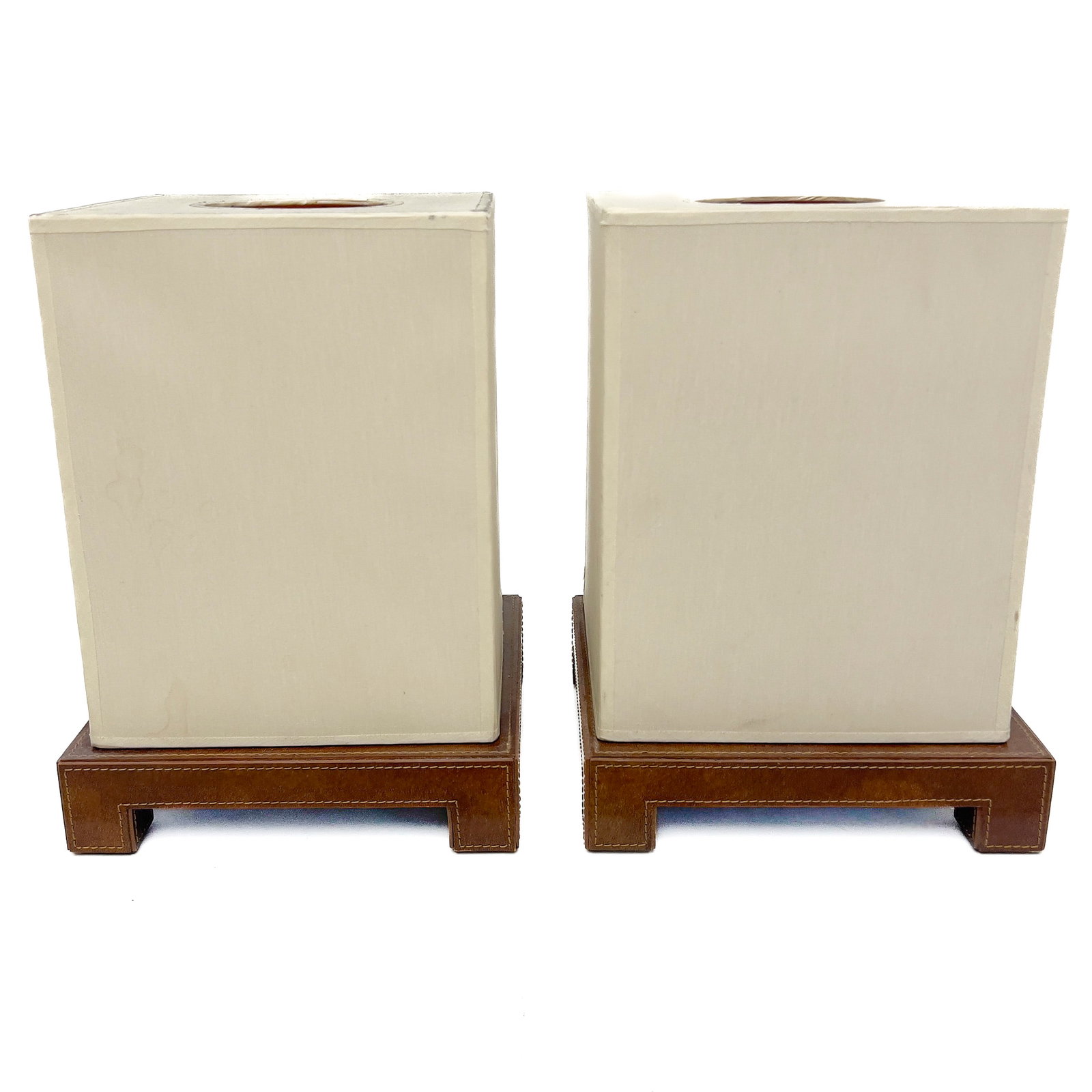 Dominic Chambon - A Pair of Contemporary Table Cube Lamps: Lot 99 Dominic Chambon French manufacturer (20th Century) A Pair of Contemporary Table Cube Lamps Leather, brass, fabric, plastic each: 12 1/4 x 8 3/4 x 8 3/4 inches Description: A pair of contempora