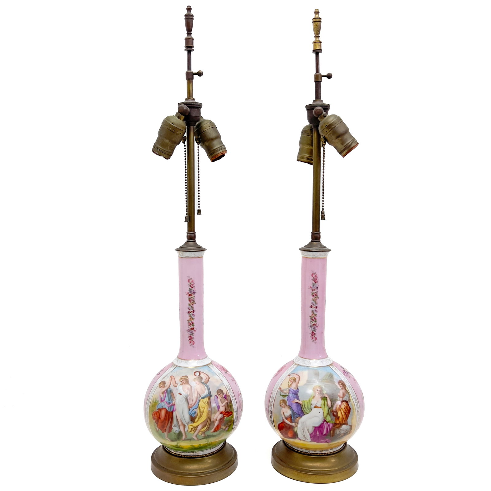 Pair of Dresden Style Porcelain Table Lamps: Lot 103 Pair of Dresden Style Porcelain Table Lamps brass 29 x 7 x 7 inches Description: Two dresden style porcelain and brass table lamps, with classical figure transfer and painted decorations, sign