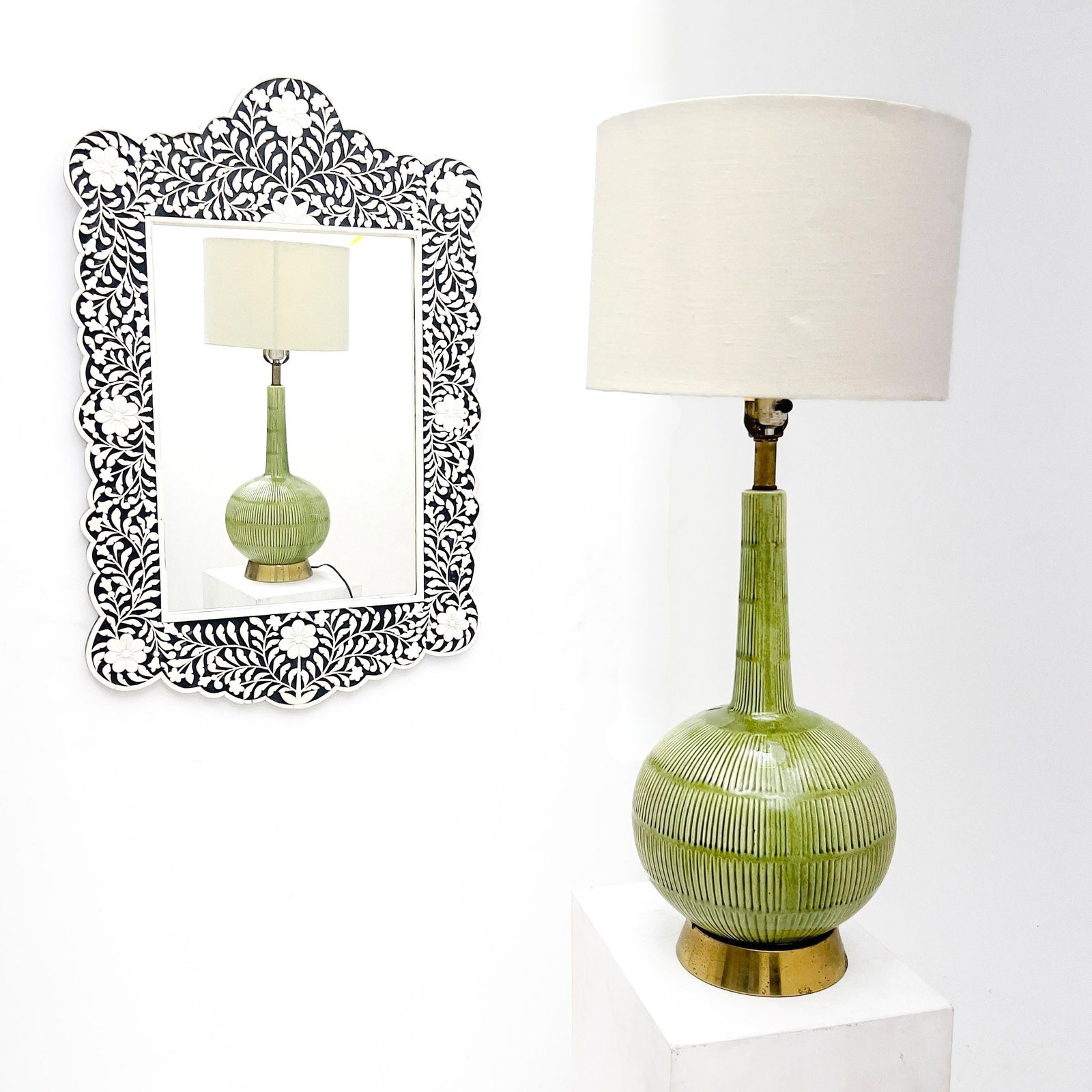 Contemporary Bone Mirror and Ceramic Table Lamp: Lot 108 Contemporary Bone Mirror and Ceramic Table Lamp (20th/21st Century) Bone, glass, glazed ceramic, brass-finished metal, fabric mirror: 36 1/4 x 23 3/4 inches Description: A decorative wall mirr