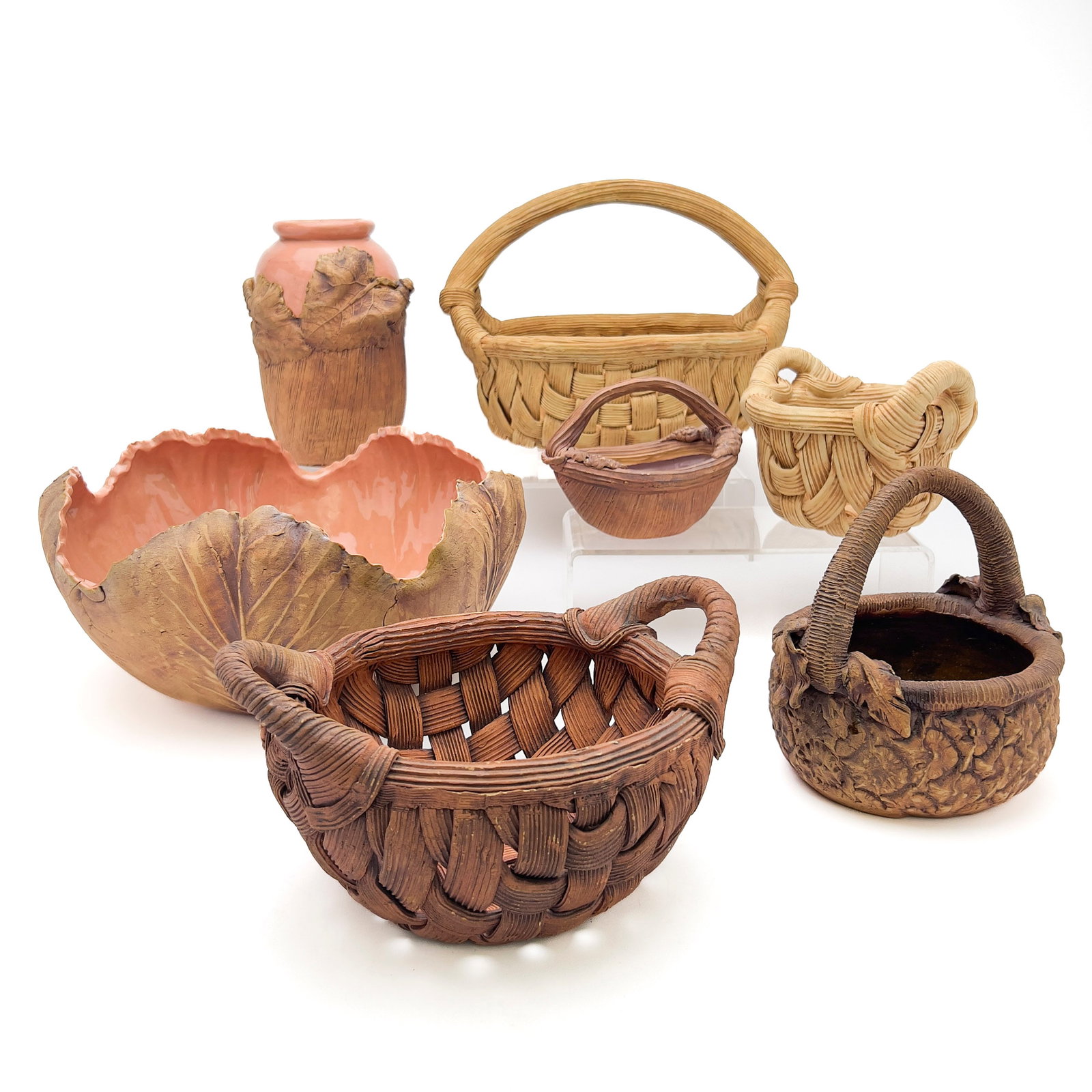 Terrafirma Pottery Baskets and 2 Leaf Forms, Group of 7 (1 of 6)