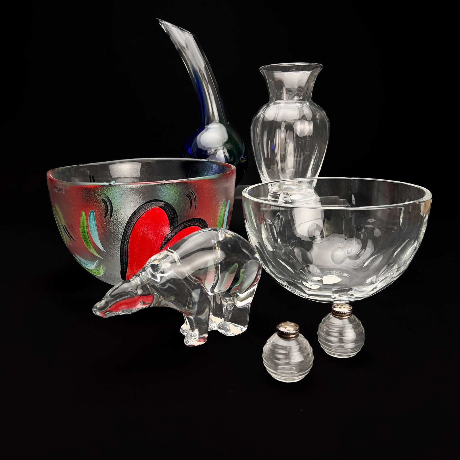 Luxury Crystal and Art Glass Group: Lot 127 Luxury Crystal and Art Glass Group Crystal, Glass, Silverplate, Enamel tallest: 11 x 6 x 4 1/2 inches Description: An assembled seven-piece luxury art glass group comprising a Baccarat crystal