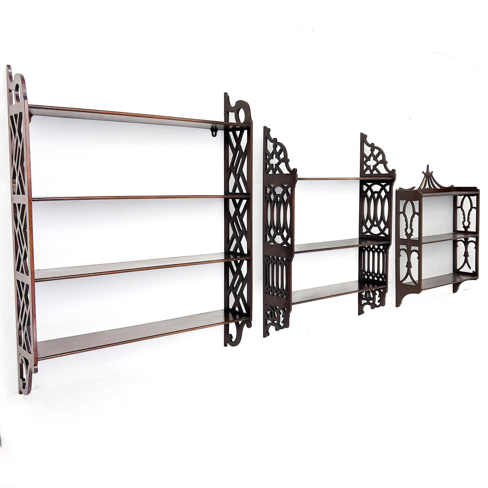 Georgian Style Mahogany Hanging Shelves (3): Lot 138 Georgian Style Mahogany Hanging Shelves (3) (19th Century) Mahogany, Wood 36 1/4 x 6 1/8 x 29 inches Description: A three-piece group of 19th-century Georgian style mahogany hanging wall shelv