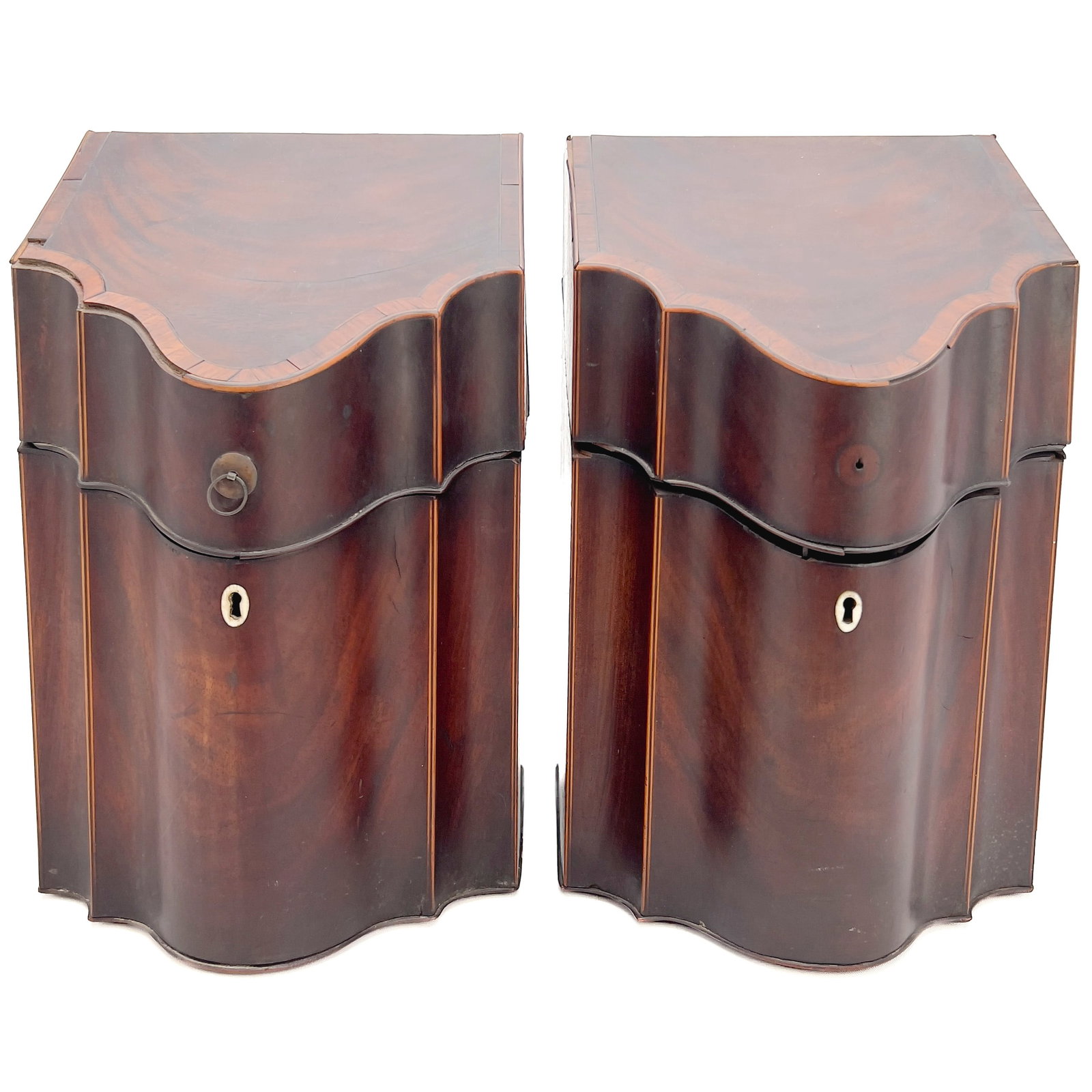 Pair of Georgian Inlaid Mahogany Knife Boxes: Lot 139 Pair of Georgian Inlaid Mahogany Knife Boxes mahogany each: 12 1/2 x 7 3/4 x 10 inches Description: A pair of Georgian cutlery boxes, each has a hinged lid with slanted top, gadrooned fronts a