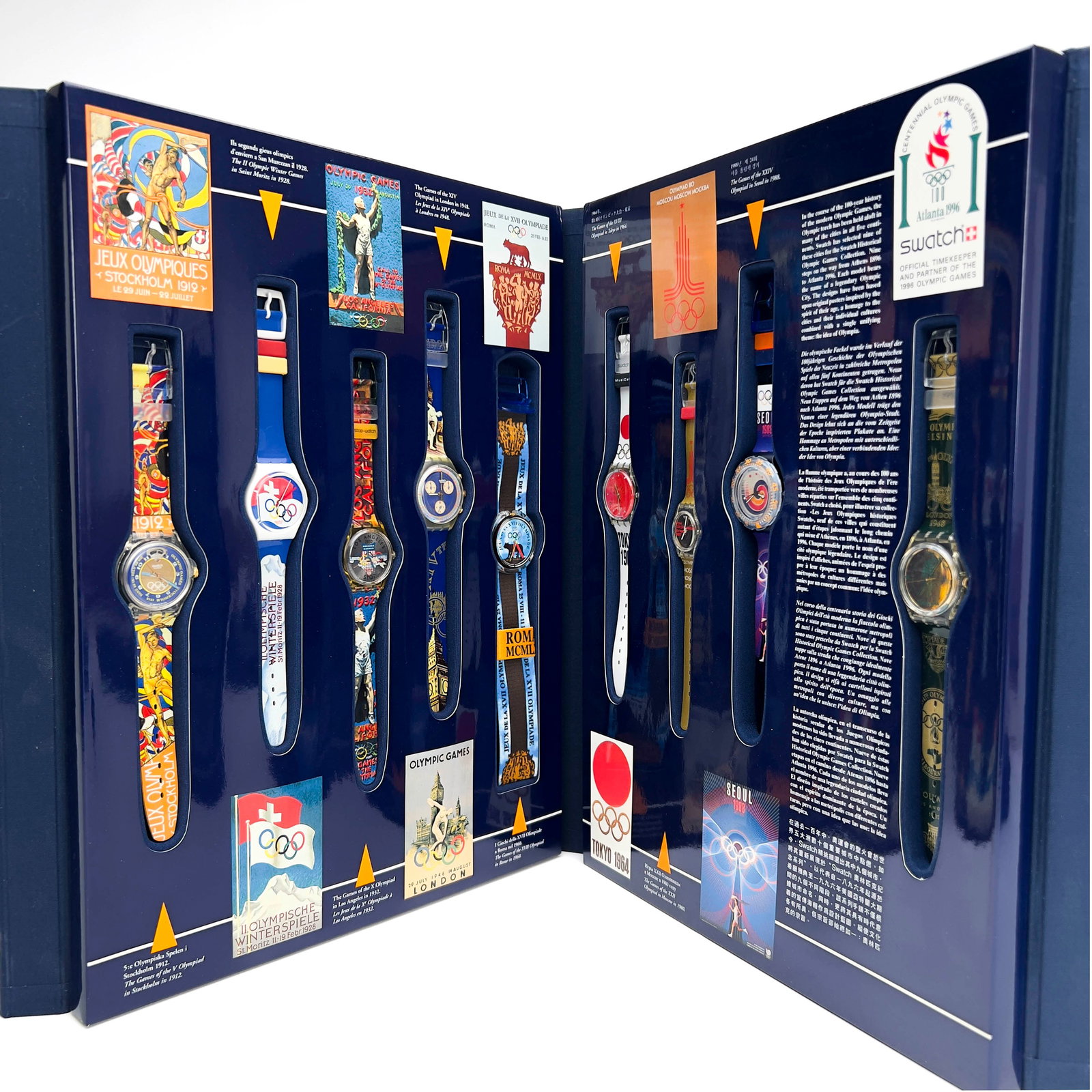 Swatch - Historical Olympic Games Collection & Official Timekeeper Watch: Lot 148 Swatch Swiss Manufacturer (Founded 1983) Historical Olympic Games Collection & Official Timekeeper Watch case: 16 1/2 x 12 1/2 x 2 inches Description: The Swatch Historical Olympic Games Watch