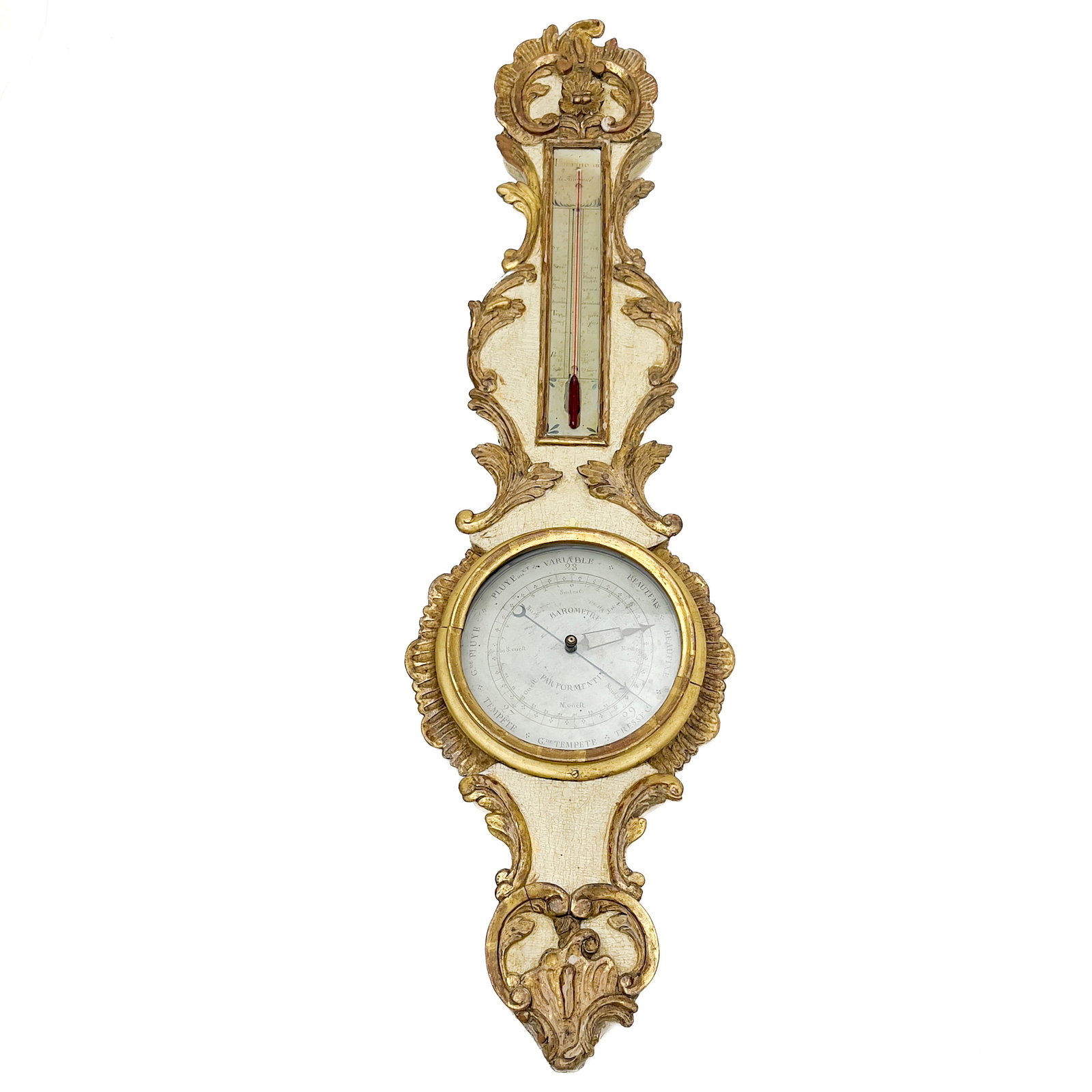 French Carved Gilt Wood Barometer: Lot 151 French Carved Gilt Wood Barometer (18th/19th Century) 38 1/4 x 11 inches Description: A French Louis XV style gilt wood barometer with thermometer, barometer signed \”Par Formentin\̶