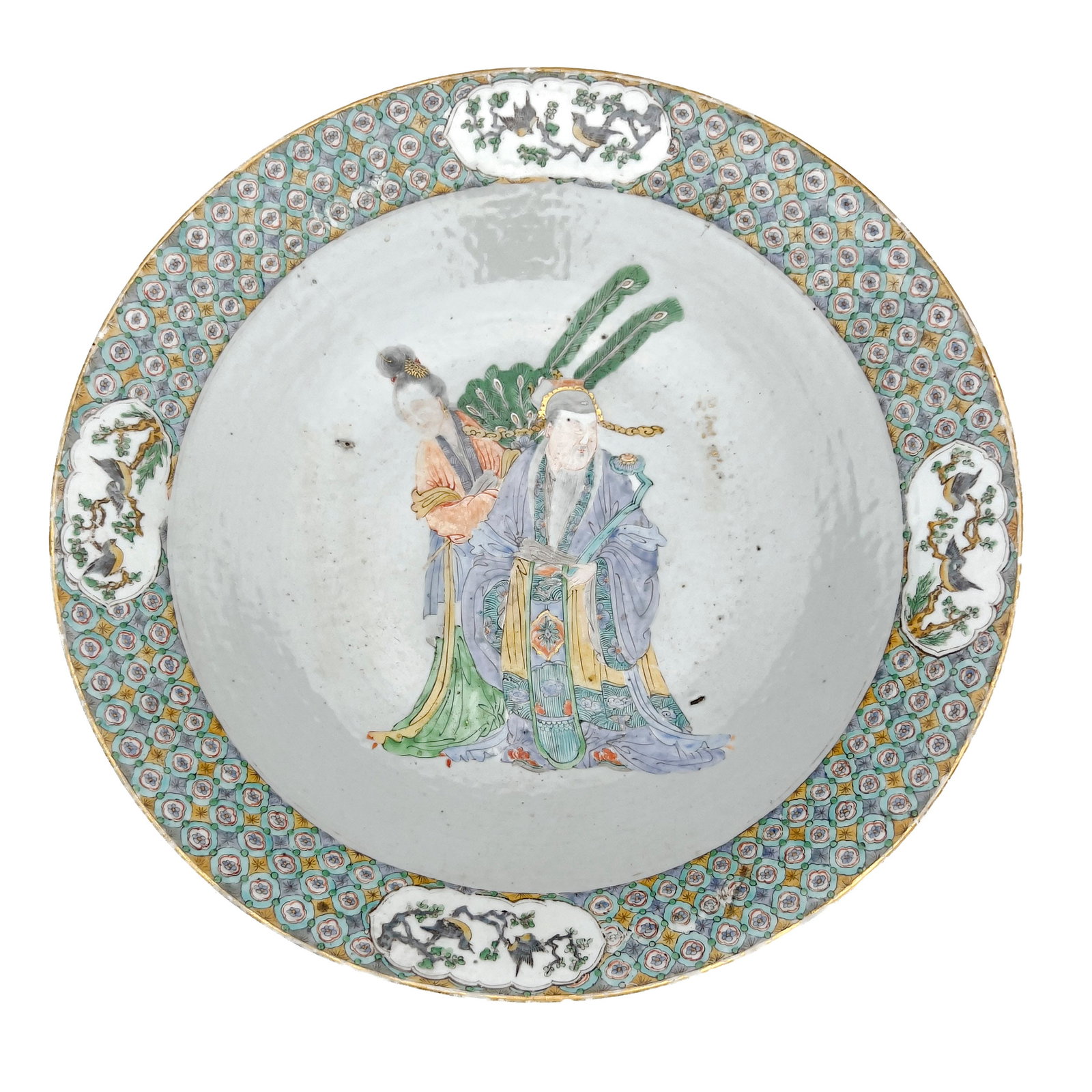 Chinese Famille Verte Dish: Lot 165 Chinese Famille Verte Dish porcelain diameter: 14 1/2 inches Description: A Chinese porcelain famille verte bowl decorated with a central figural scene and a rich variegated border intersperse