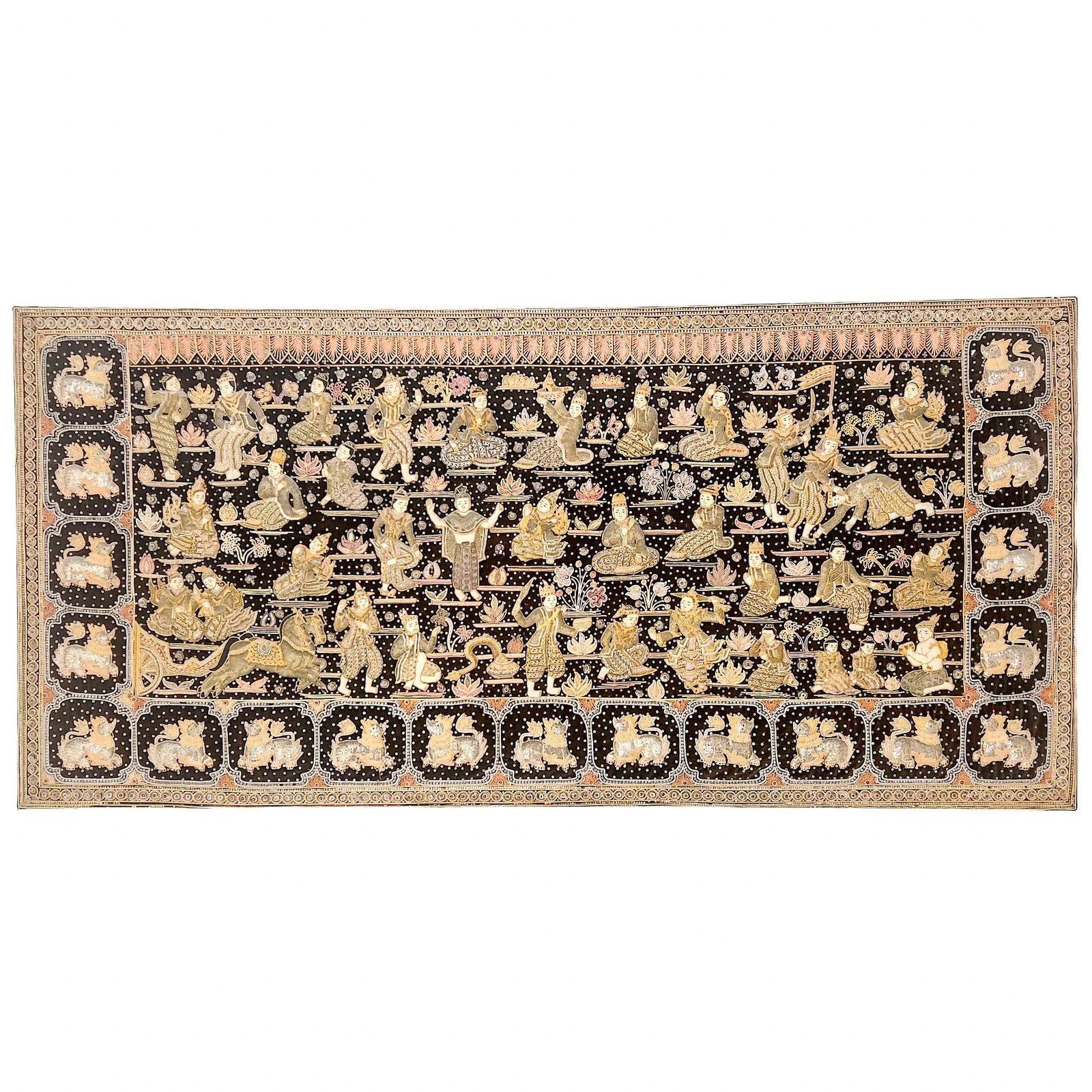 Burmese Kalaga Ramayana Tapestry Quilted Embroidery: Lot 169 Burmese Kalaga Ramayana Tapestry Quilted Embroidery sequins, gilt thread, beads, felt foundation 101 x 48 x 1 inches Description: A large Burmese kalaga tapestry of rectangular form, the black
