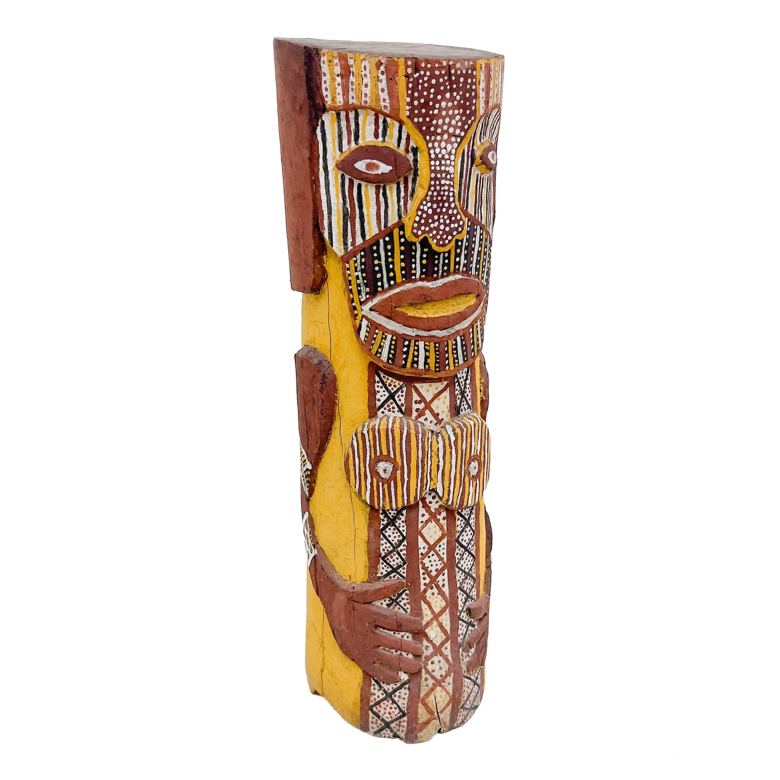 Tiwi Ancestral Tutini Totem Pole: Lot 180 Tiwi Ancestral Tutini Totem Pole ironwood, pigment height: 25 inches diameter: 8 inches Description: A Tiwi ancestral totem pole (tutini) hand-carved from a single log of cured ironwood and fe