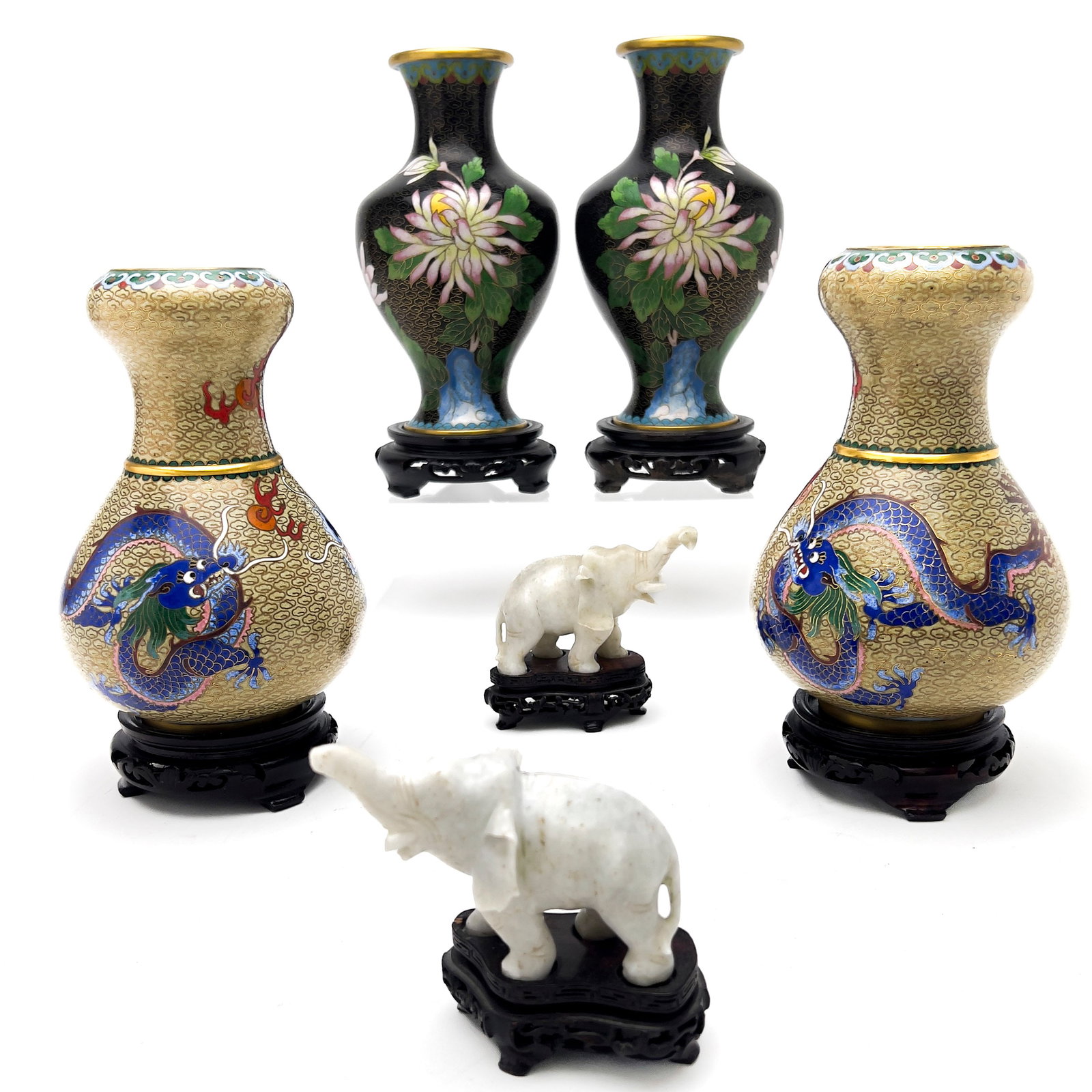 Chinese Cloisonné Vases and White Stone Figurines (1 of 2)