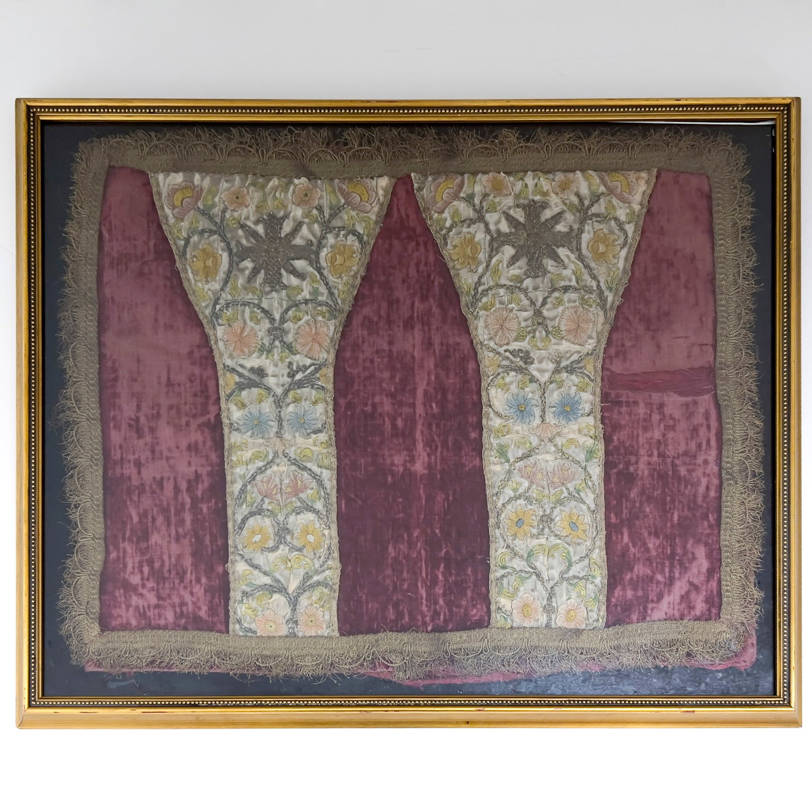 17th Century French Embroidery: Lot 185 17th Century French Embroidery mixed textiles 17 1/2 x 23 inches Description: Embroidered panel inscribed to back \” W.M. Randolph Hearst Coll. Present to American Ambassador From W.R.H.